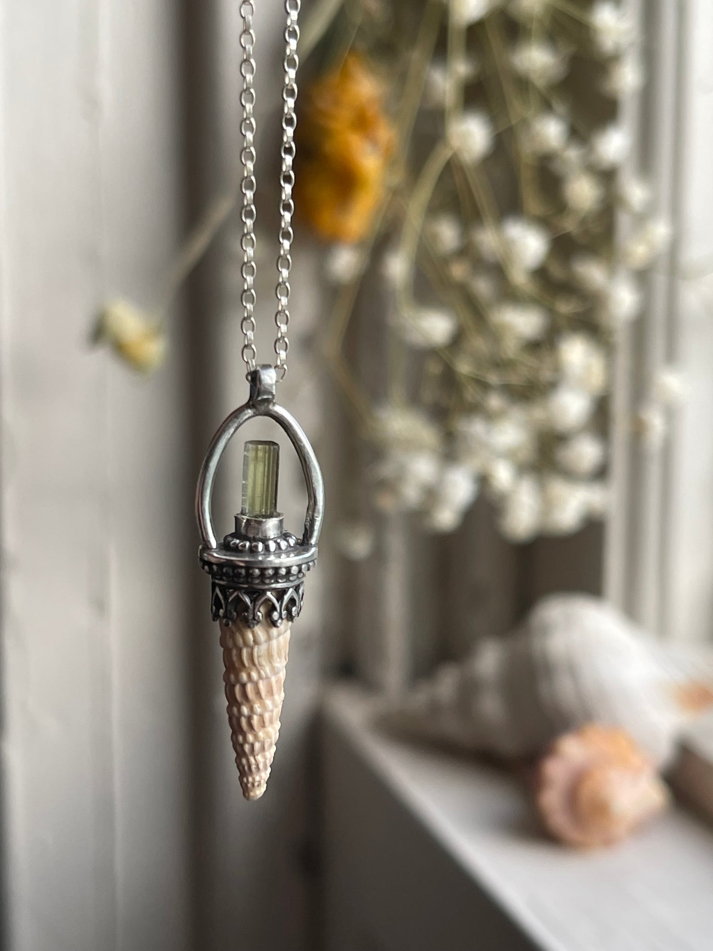 *The Orange Creamsicle Crystal Cone Seashell Pendant Necklace • Tourmlaine and Sterling Silver
