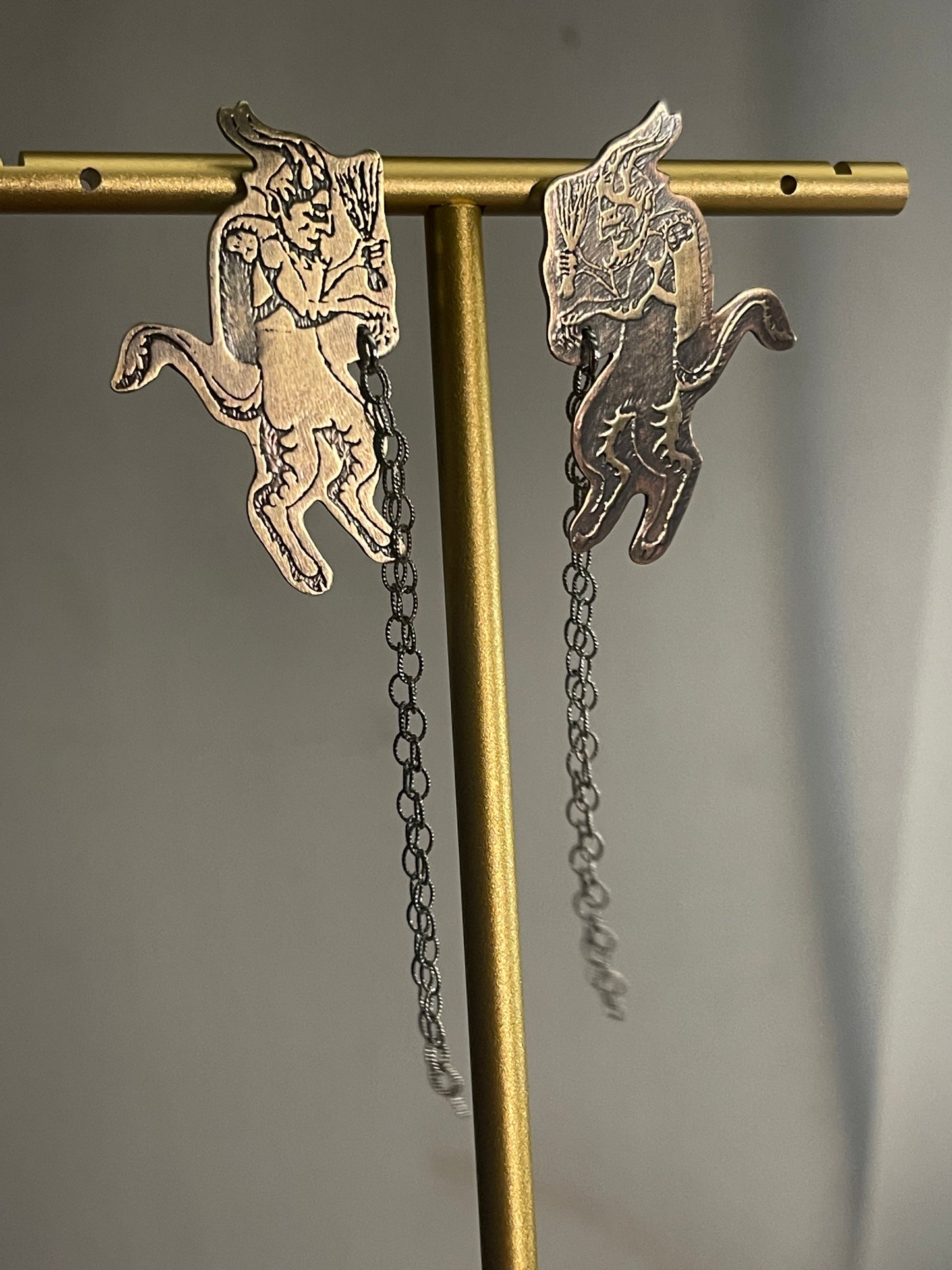 Naughty List • Etched Brass Krampus Stud Dangle Earrings