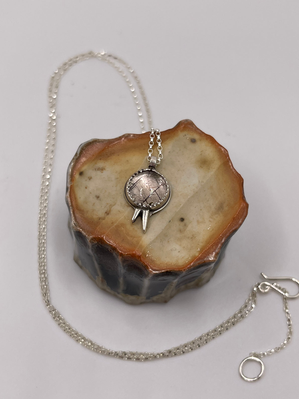 *Black Rutilated Quartz Spiked Charm Pendant Necklace • Sterling Silver