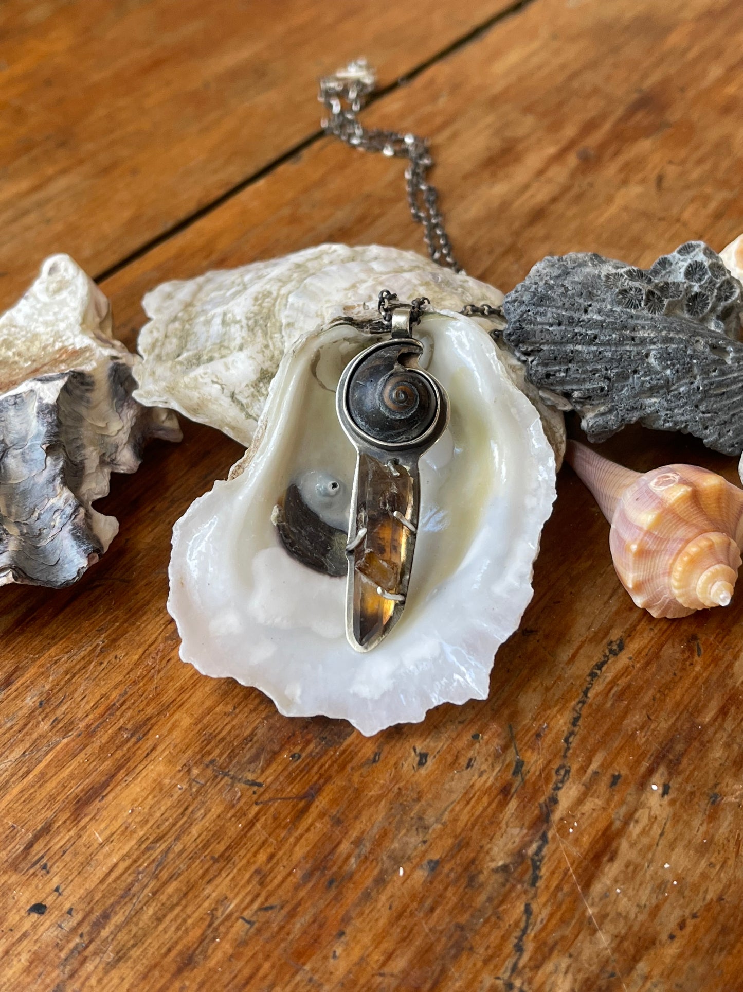 *Portal to the Brine • Black & Brown Seashell with Smokey Quartz Crystal Pendant Necklace • Sterling Silver