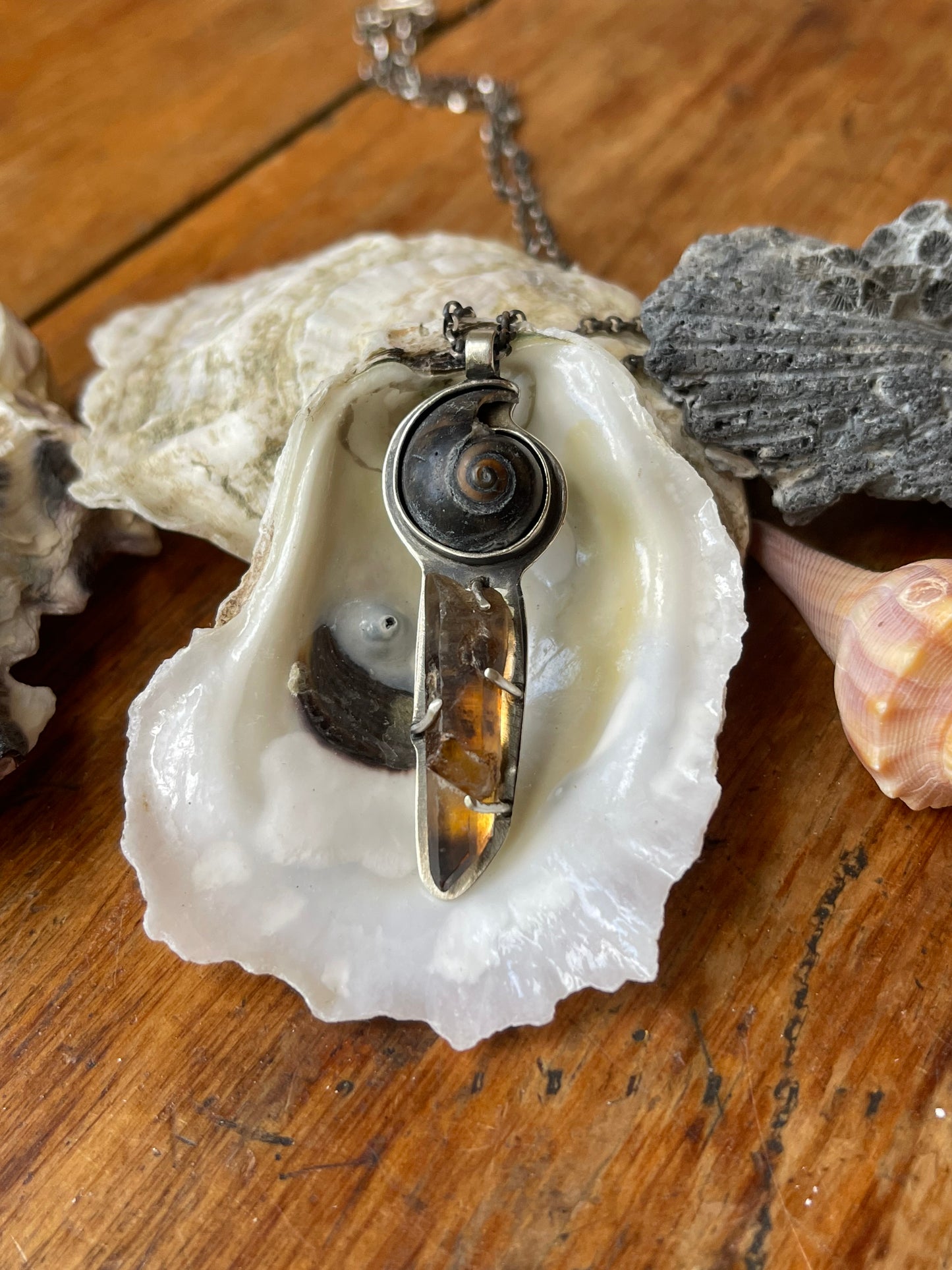 *Portal to the Brine • Black & Brown Seashell with Smokey Quartz Crystal Pendant Necklace • Sterling Silver