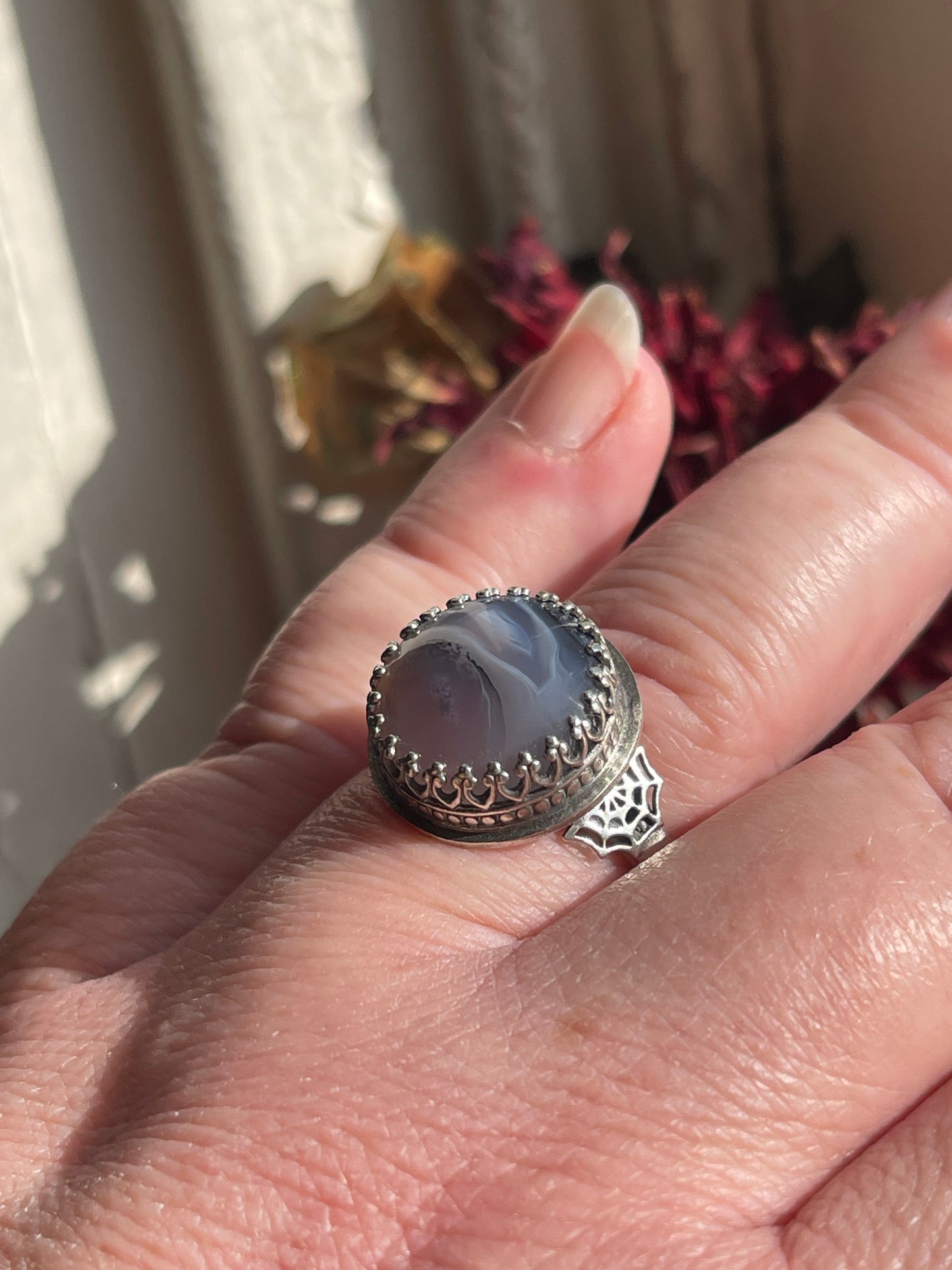 *Lilith• Purple Moss Agate Spiderweb Ring Size 9.5