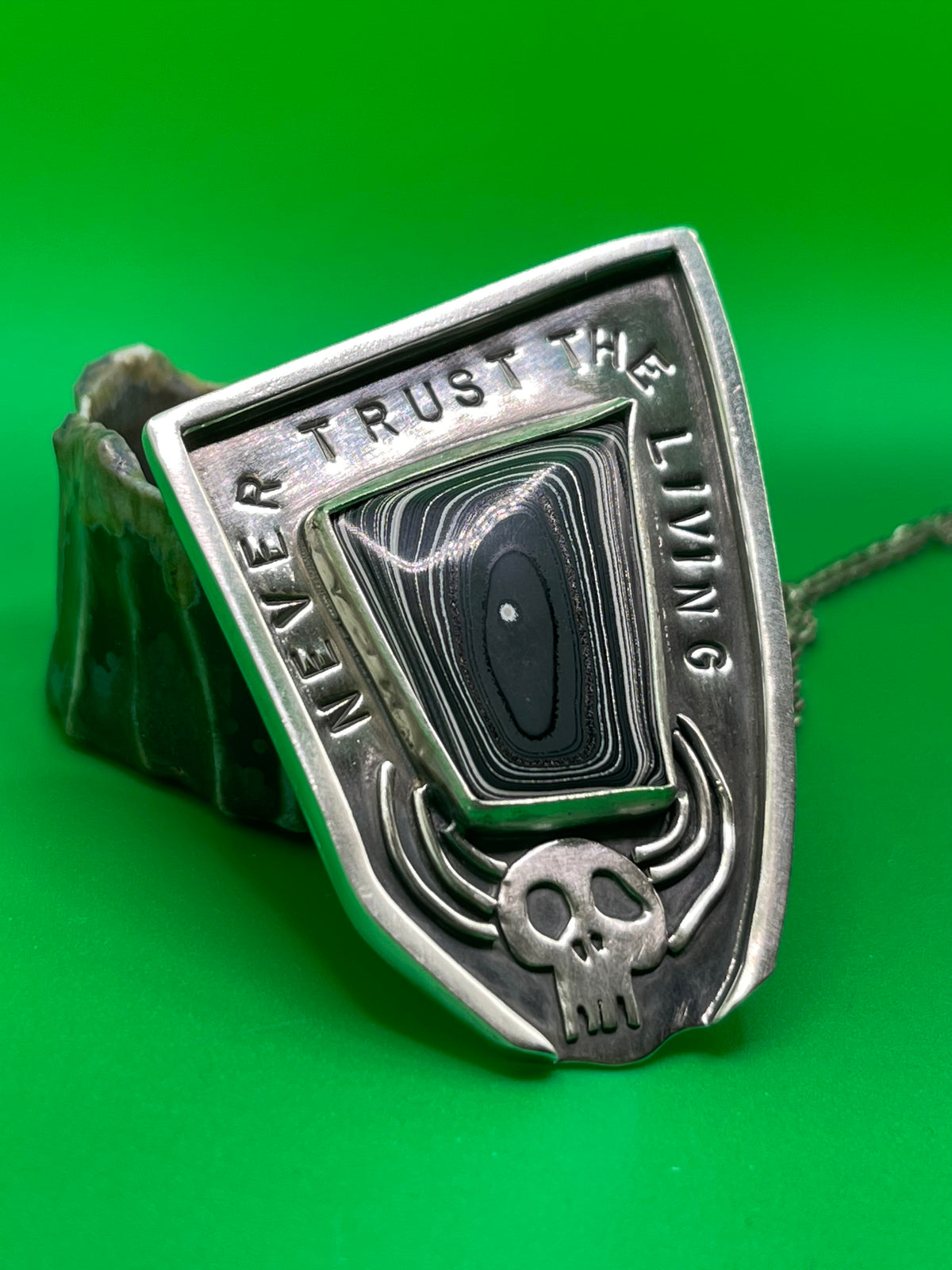 *Never Trust the Living • Fordite & Sterling Silver Beetlejuice Halloween Statement Pendant Necklace