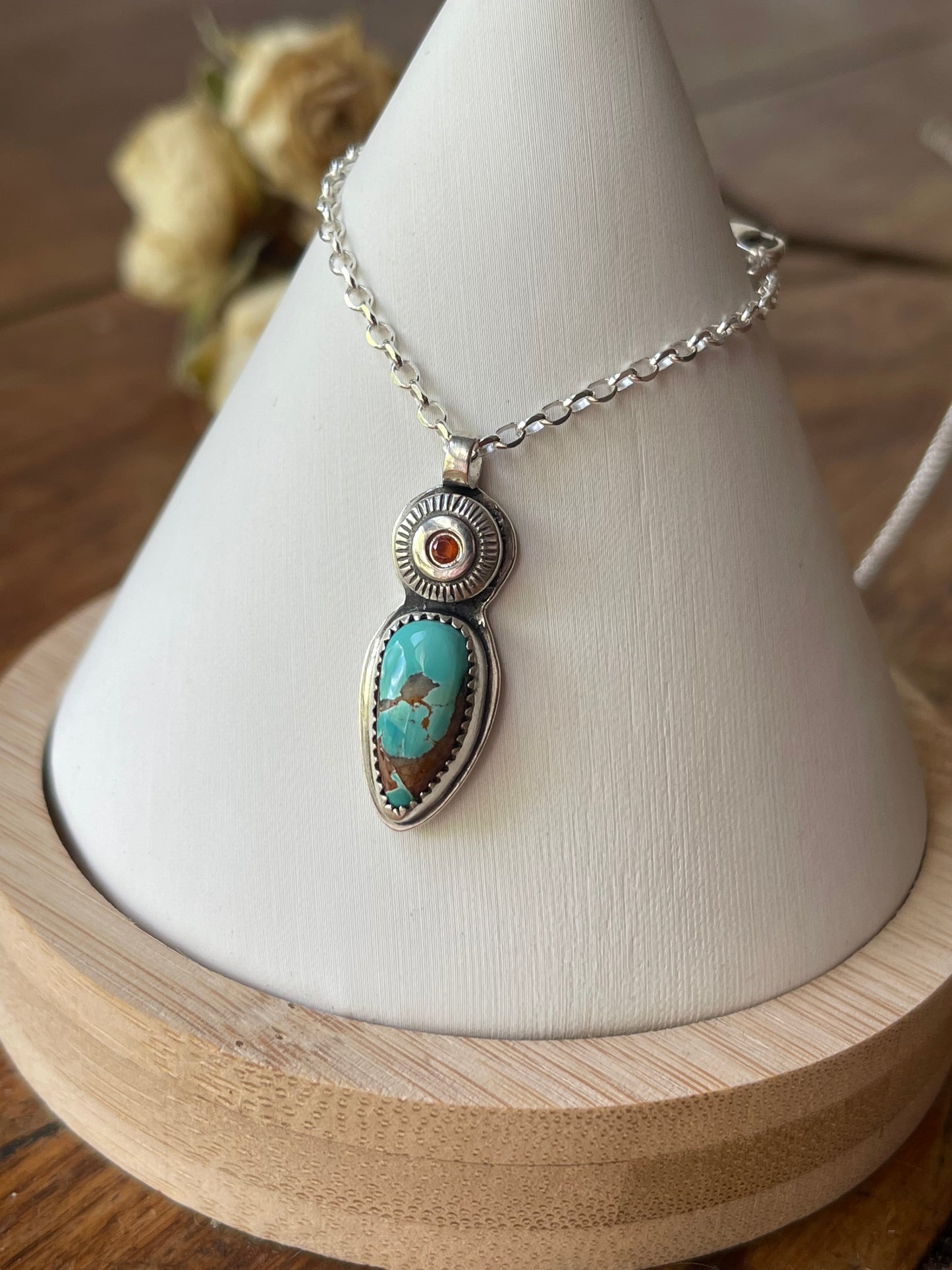 *Sailing on the Sun • Royston Turquoise & Hessonite Garnet Pendant Necklace • Fine Silver