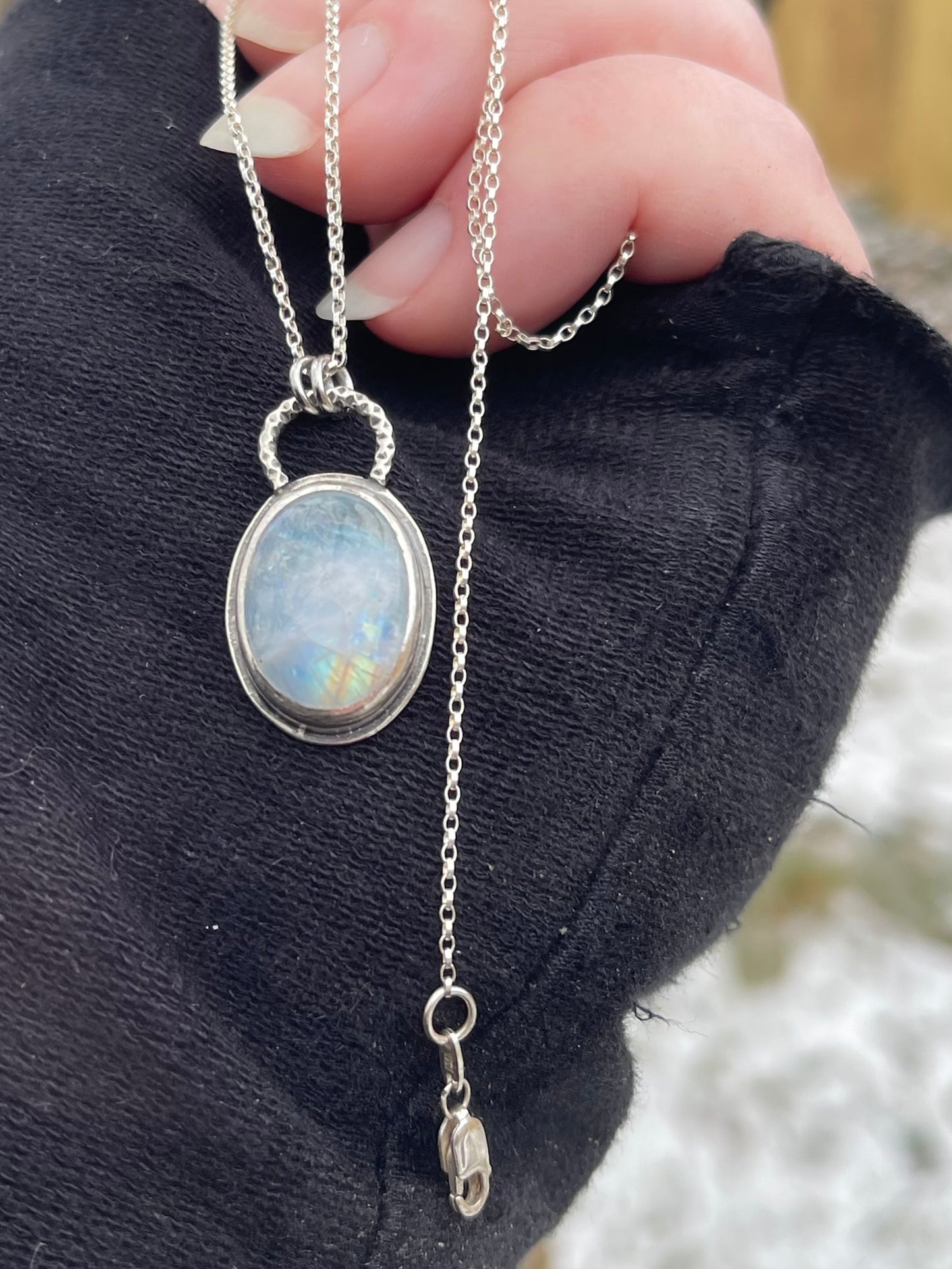 *Winter Moon • Sterling Silver Rainbow Moonstone Pendant Necklace