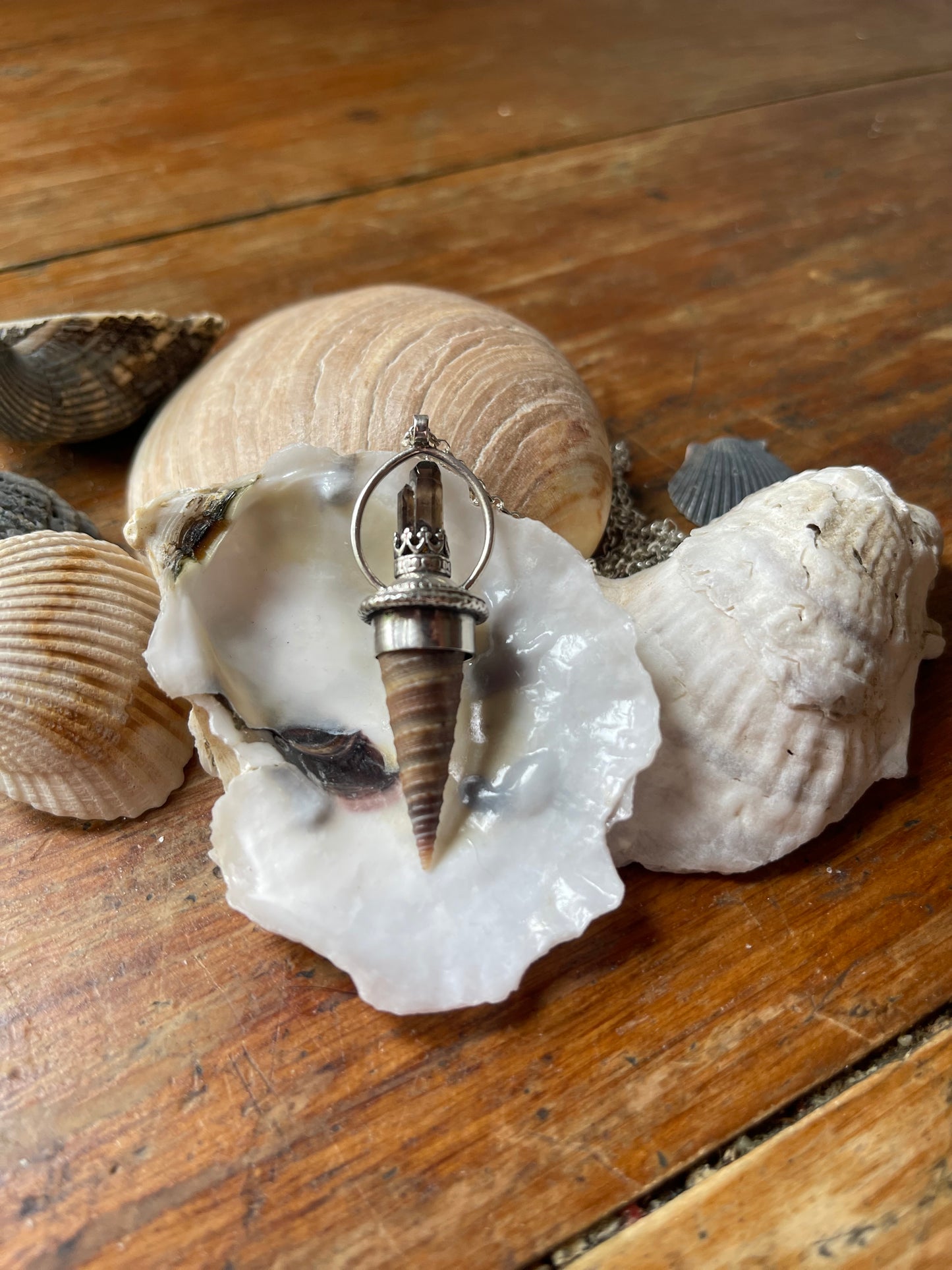 Ocean Royalty: Smokey Quartz Crystal Cone Shell Statement Necklace