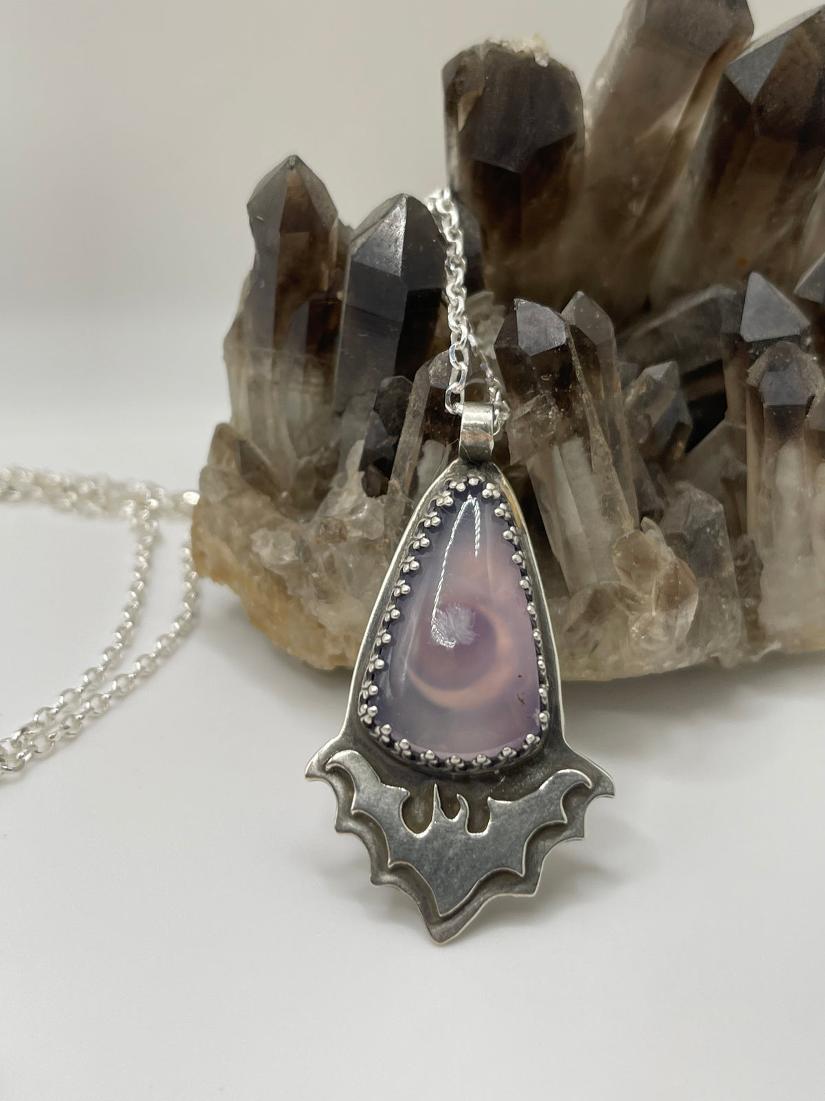 *Creature of the Night • Purple Moss Agate Sterling Silver Bat Pendant Necklace