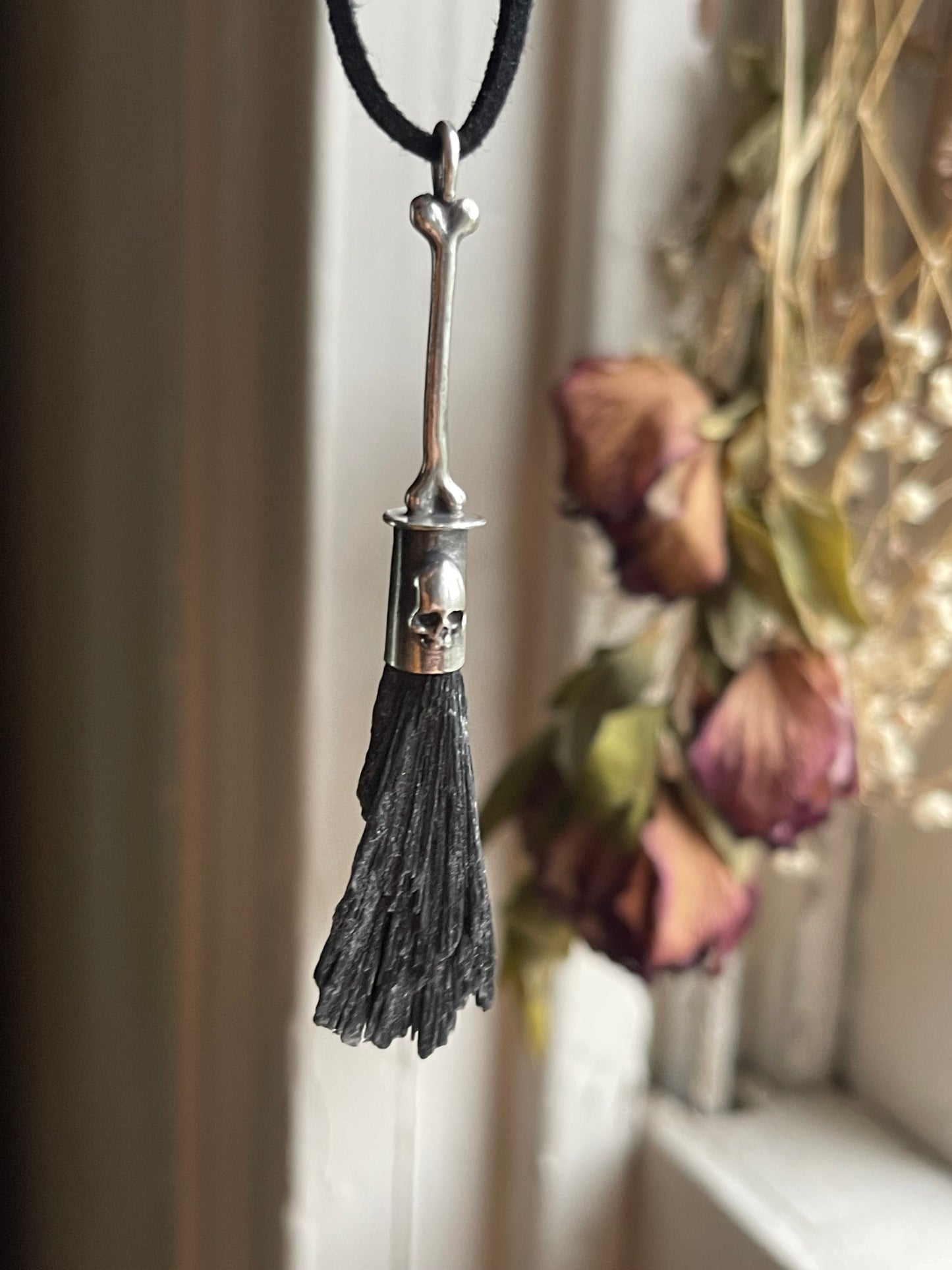 *Gothic Bone Witch Crystal Broom Pendant