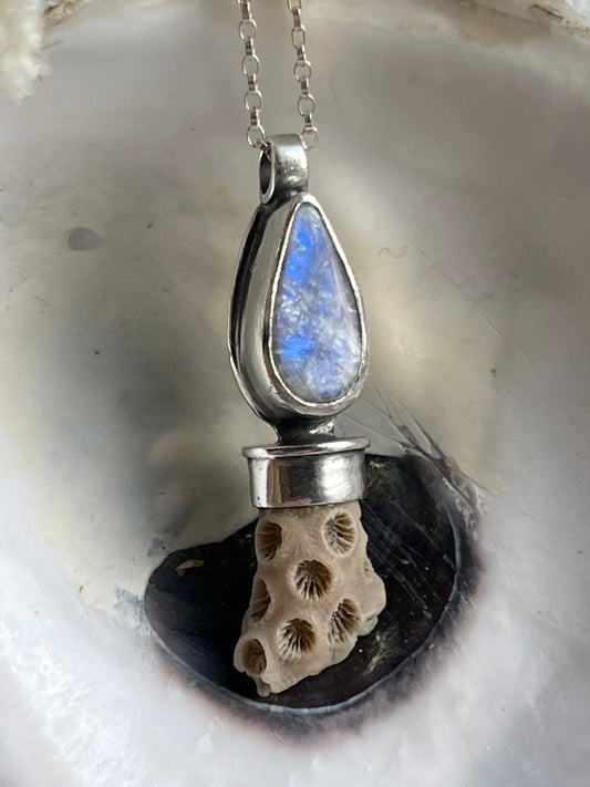 *Sand & Moon • Moonstone Quartz Fossil Charm Necklace • Sterling Silver