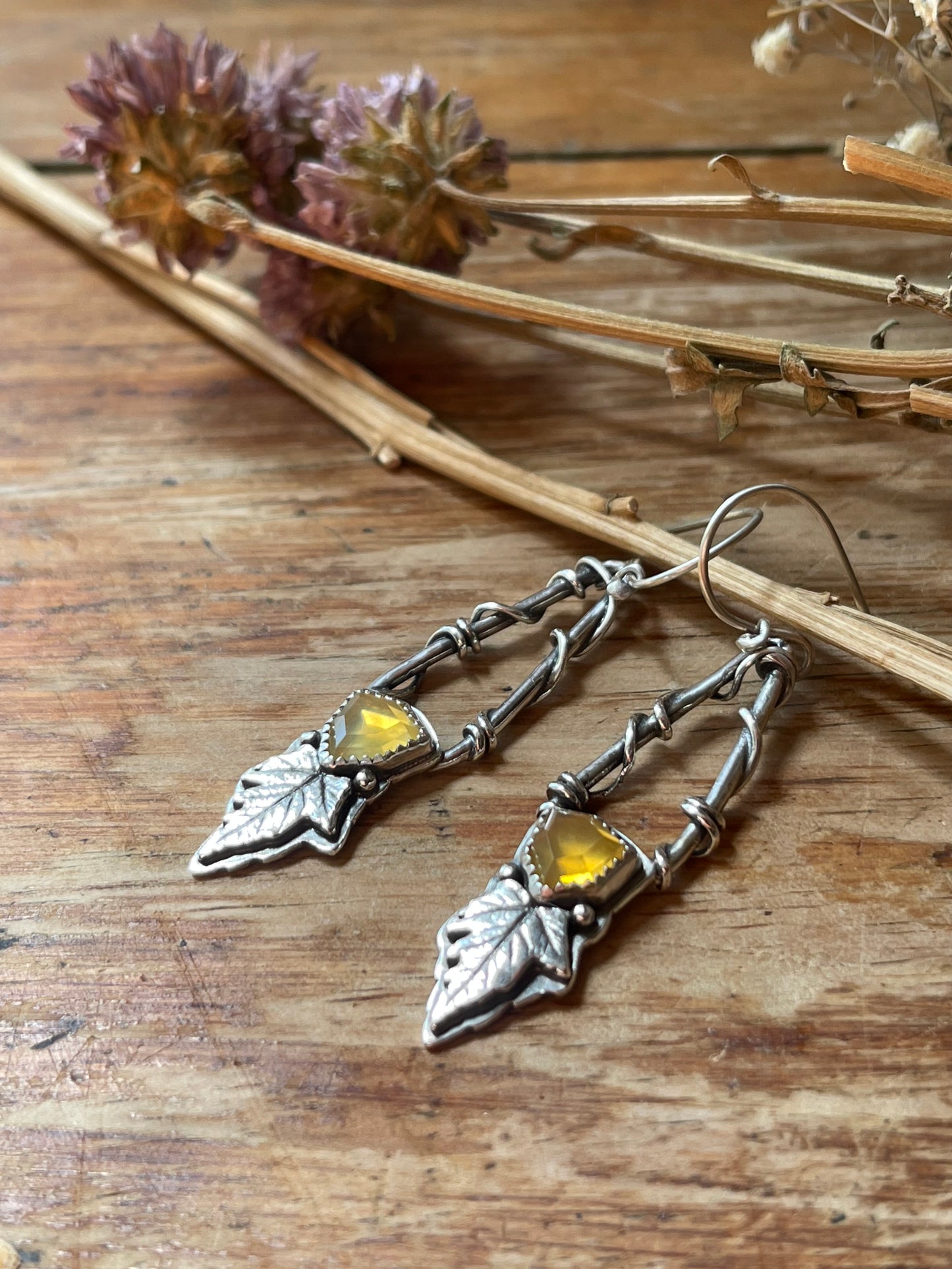 Leaves of Lórien • Oregon Fire Opal Leaf Drop Dangle Earrings