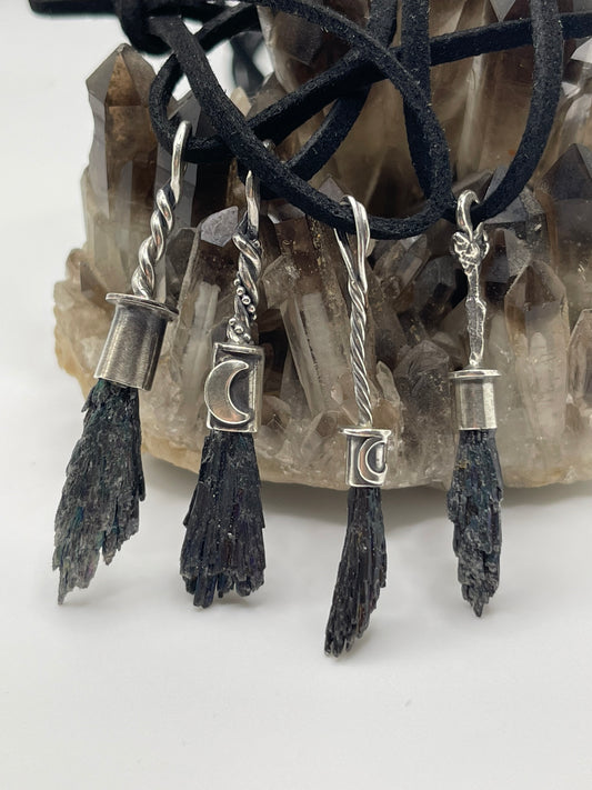 *Bebe Witch Broom Crystal Pendants • Black Kyanite & Sterling Silver