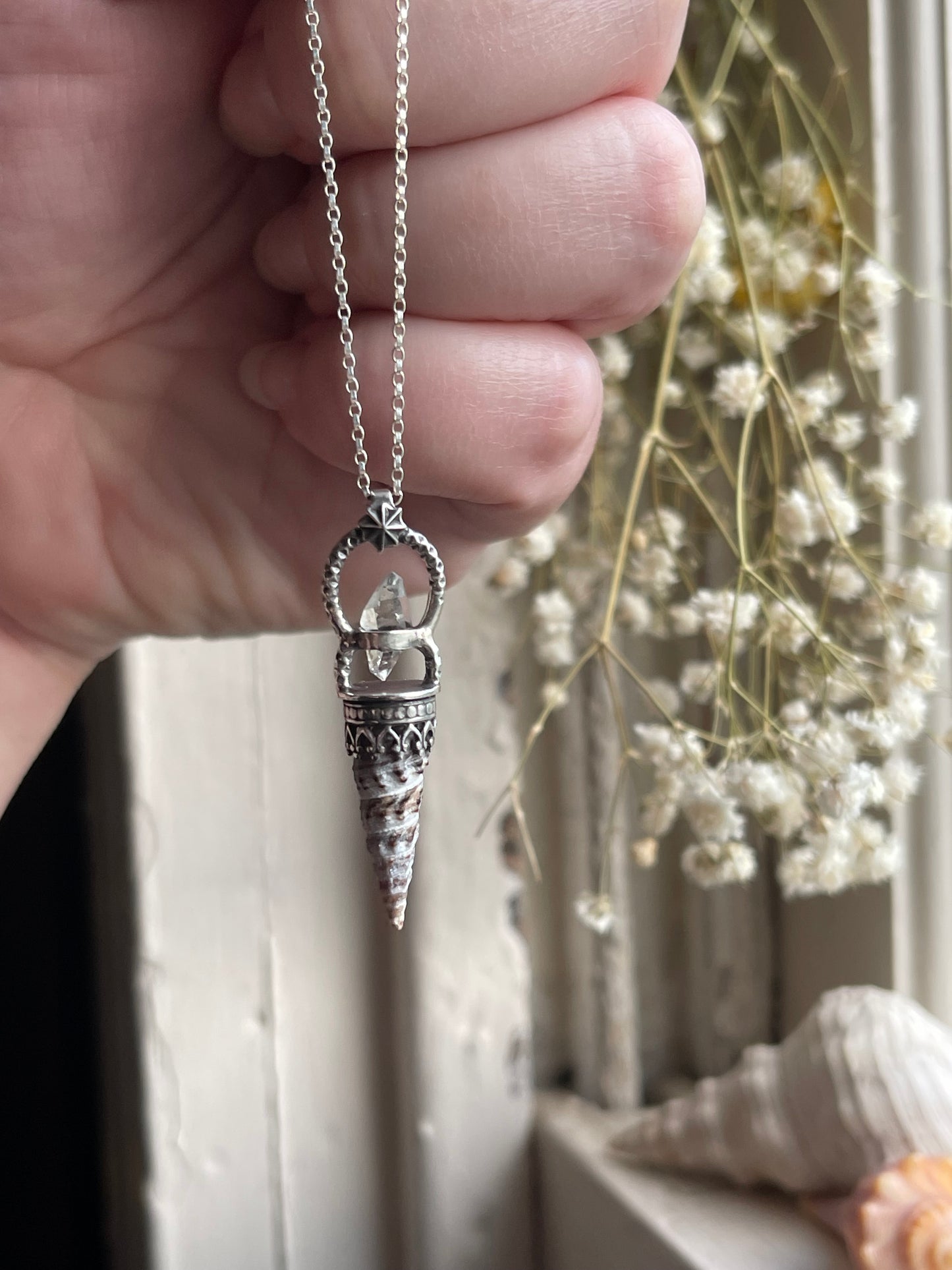 *The Celestial Tides Crystal Cone Seashell Pendant Necklace • Herkimer Diamond • Sterling Silver