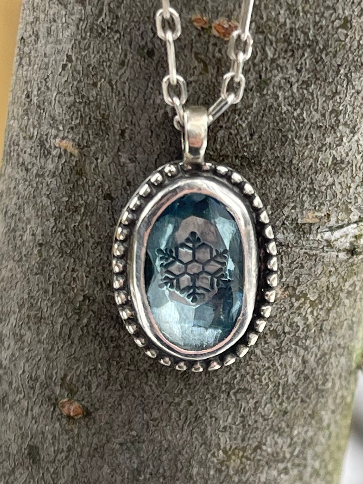 *London Blue Ice • Sterling silver stamped pendant necklace