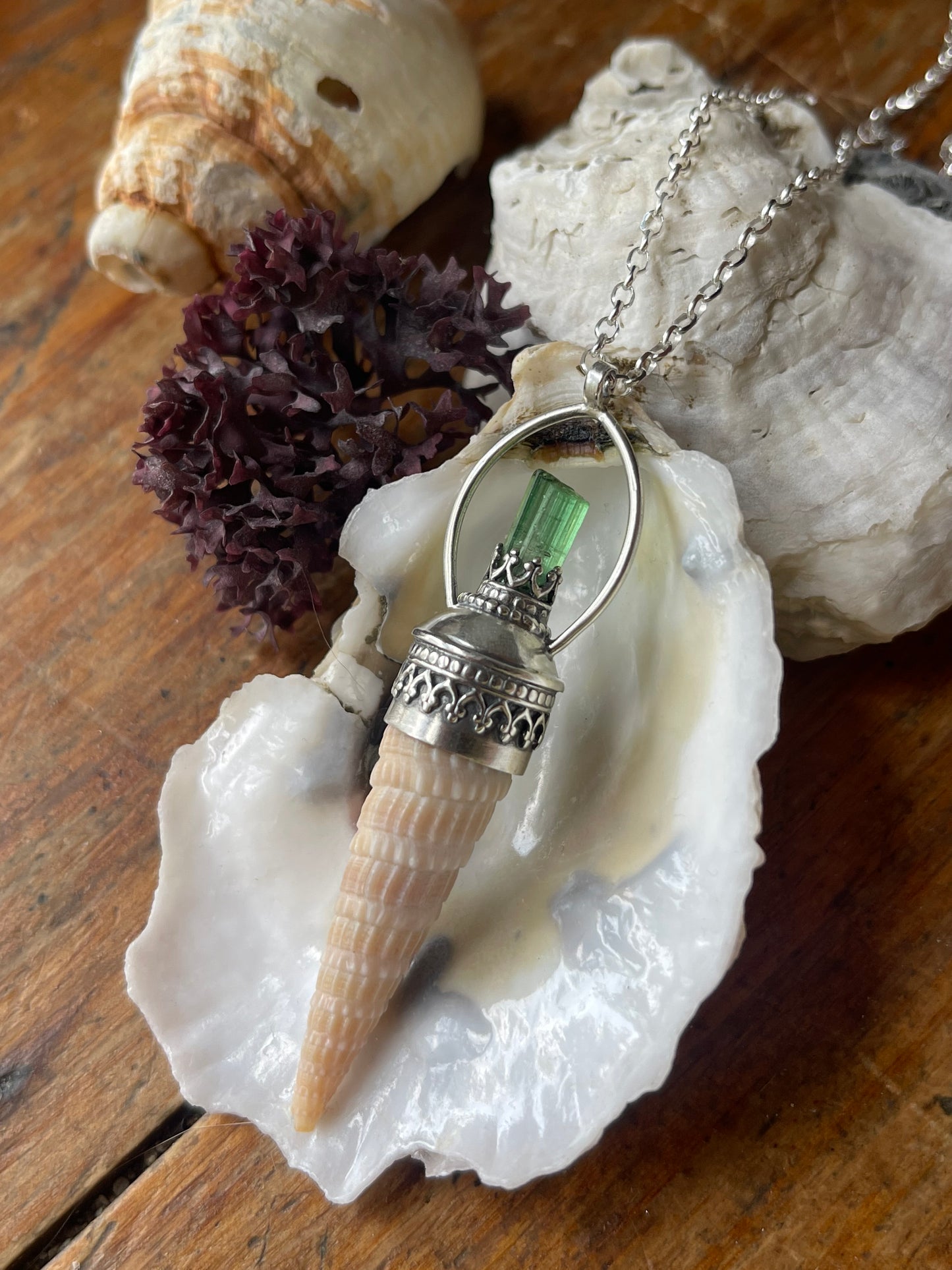 Kelly • Green Tourmaline Crystal Shell Statement Pendant Necklace