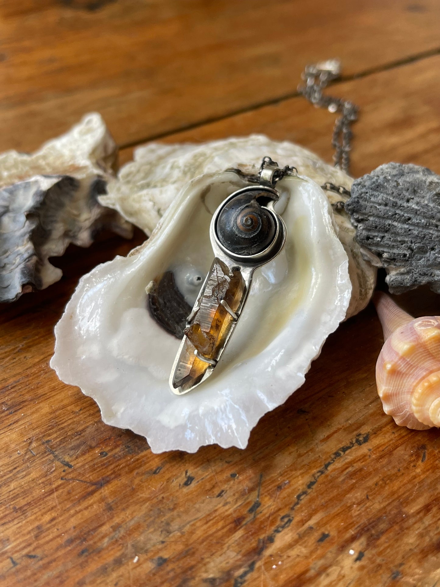 *Portal to the Brine • Black & Brown Seashell with Smokey Quartz Crystal Pendant Necklace • Sterling Silver