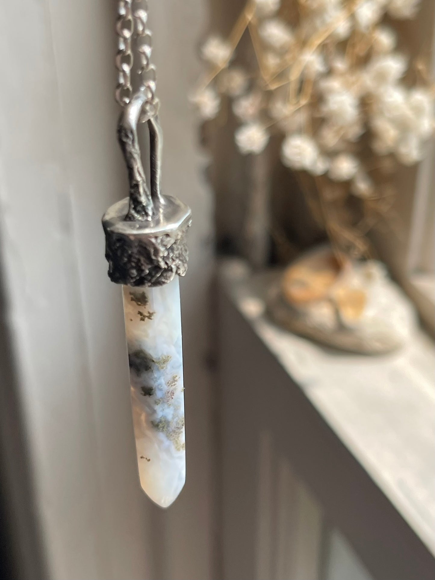*Sea Mist • Moss Agate Crystal Pendant Necklace • Reticulated Silver