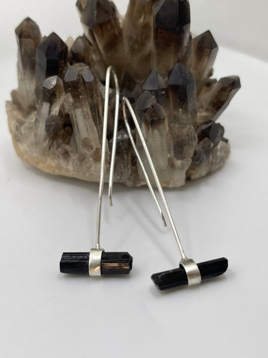 *Dark Green Tourmaline Crystal Bar Drop Earrings • Sterling Silver
