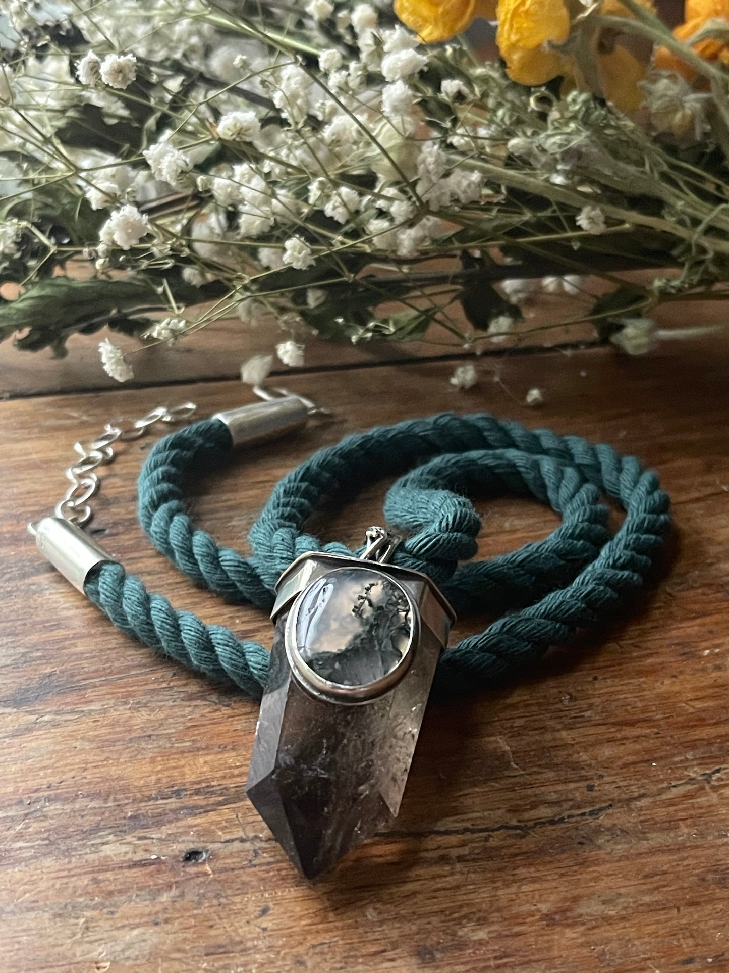 *Climbing Ivy Crystal Statement Necklace • Smokey Quartz & Moss Agate • Sterling Silver