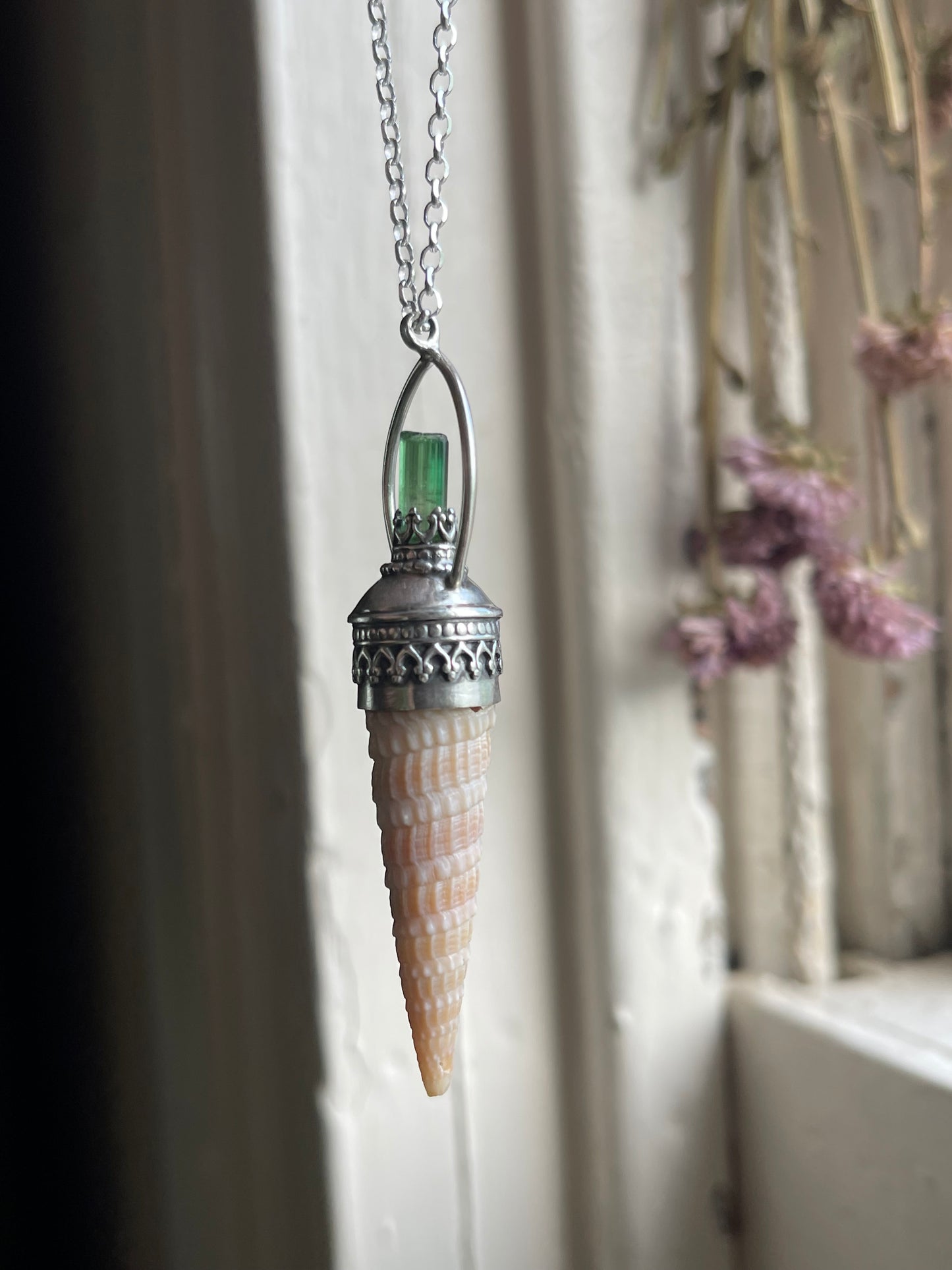 Kelly • Green Tourmaline Crystal Shell Statement Pendant Necklace