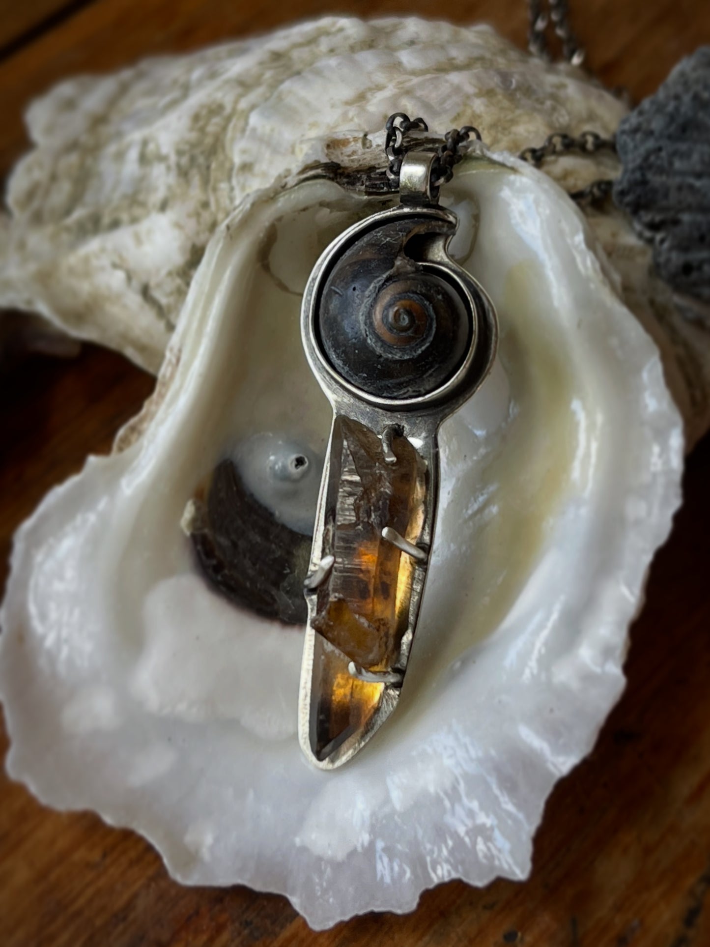 *Portal to the Brine • Black & Brown Seashell with Smokey Quartz Crystal Pendant Necklace • Sterling Silver