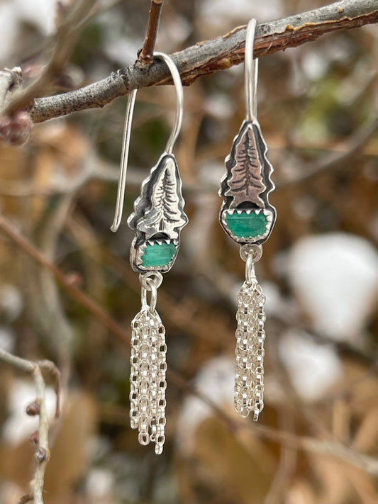 *Emerald Pines • Fine Silver Stamped Pine Tree & Colombian Emerald Drop Earrings