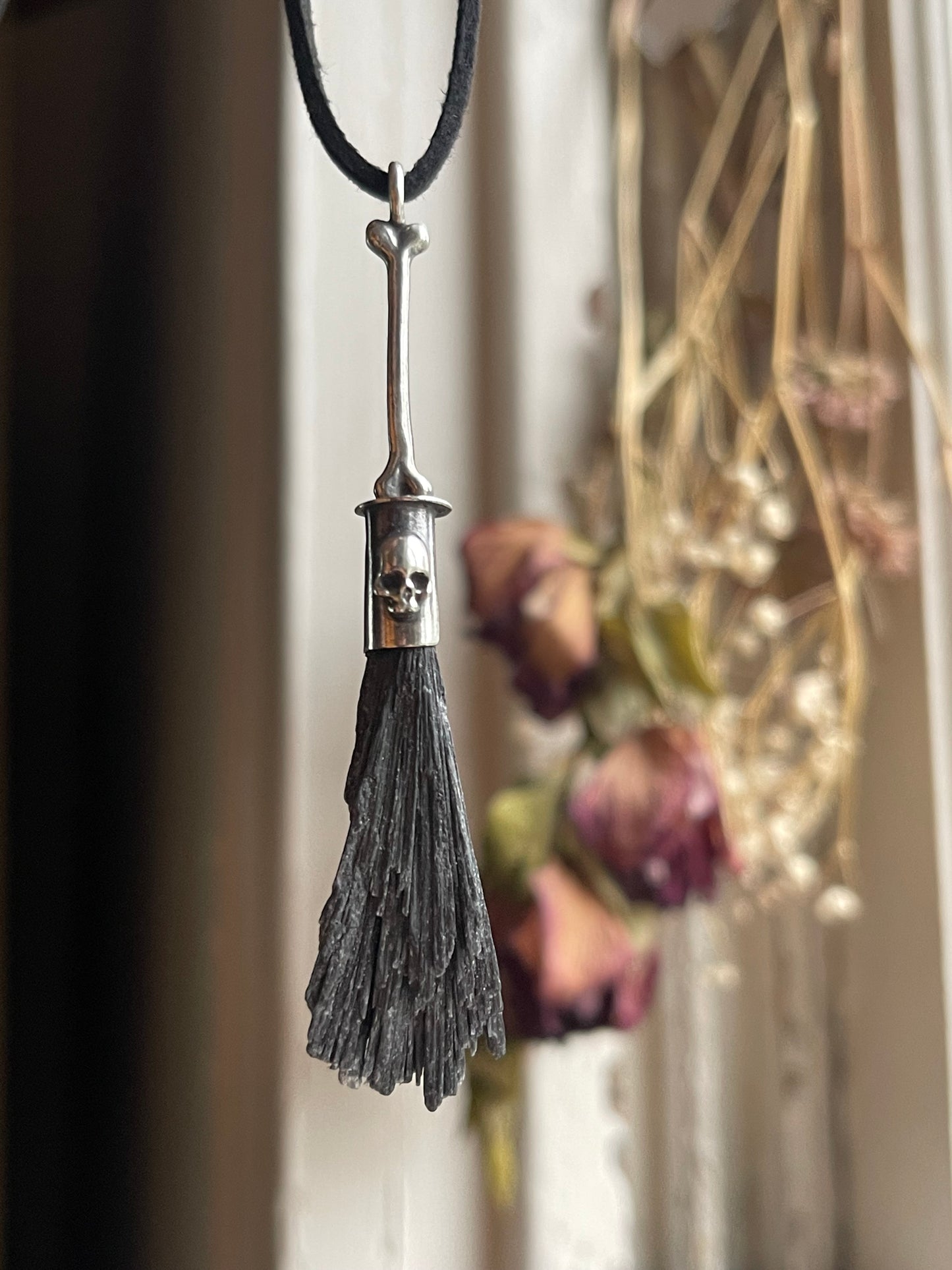 *Gothic Bone Witch Crystal Broom Pendant