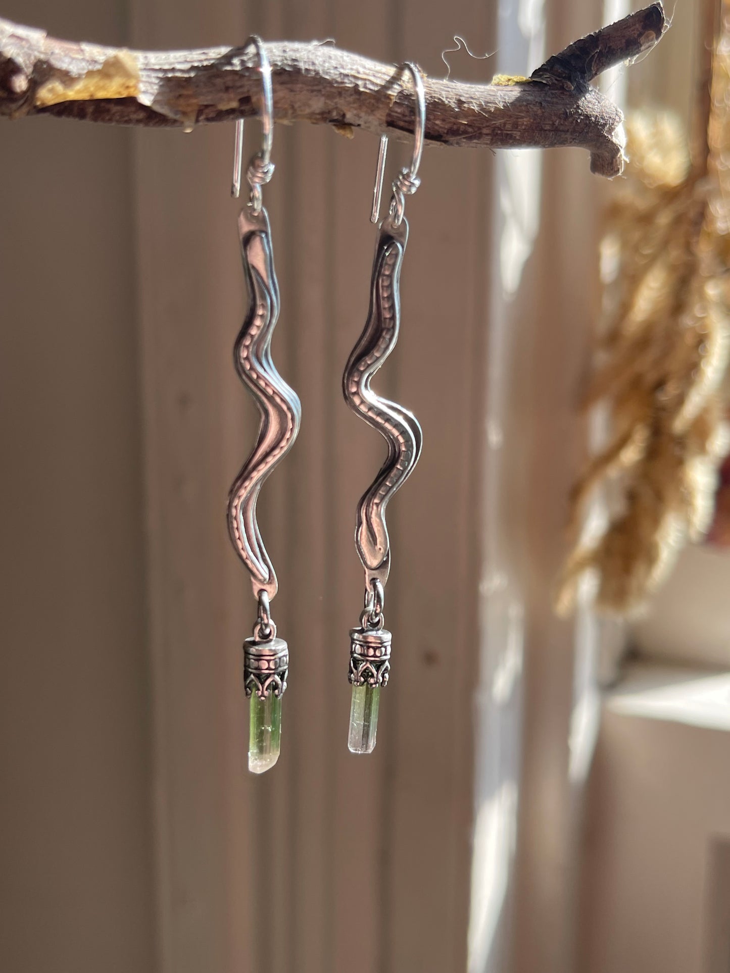 *Beithir • Green Tourmaline Crystal Serpent Dangle Earrings