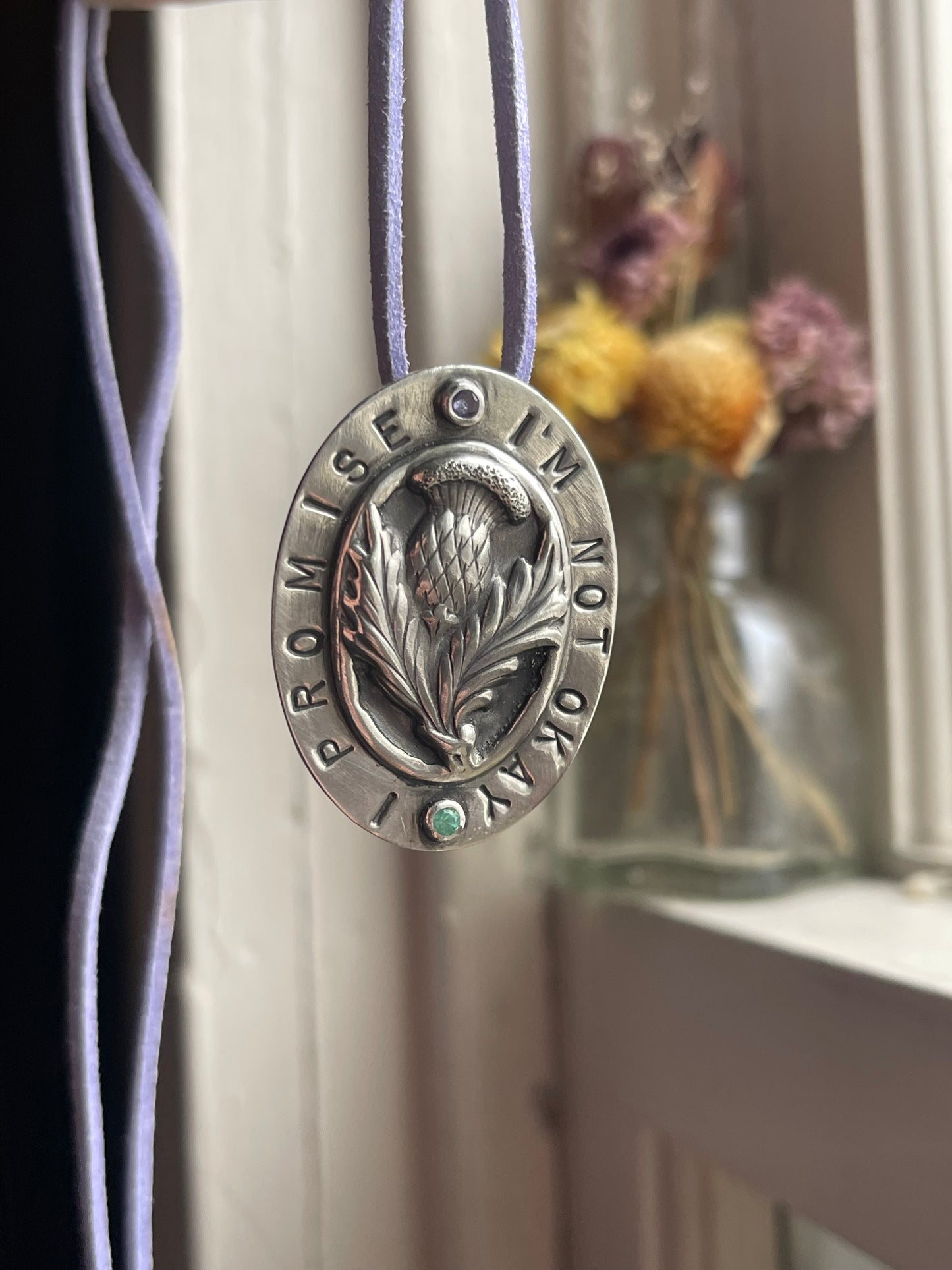 *I’m Not Okay, I Promise • Tanzanite & Emerald Stamped Sterling Silver Thistle Pendant