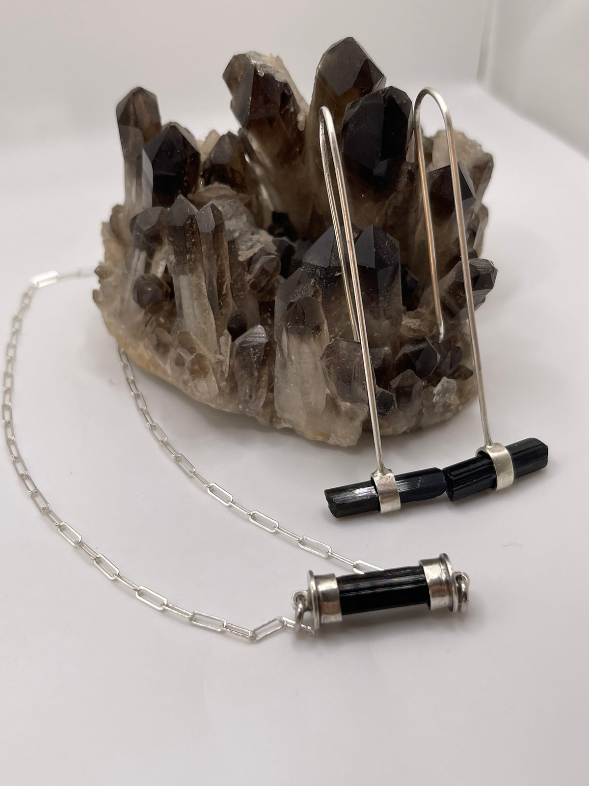 *Dark Green Tourmaline Crystal Bar Necklace • Sterling Silver