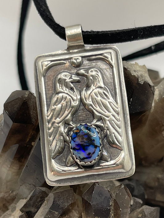 *Nyx’s Ravens • Sterling Opal Raven Pendant • Sterling Silver