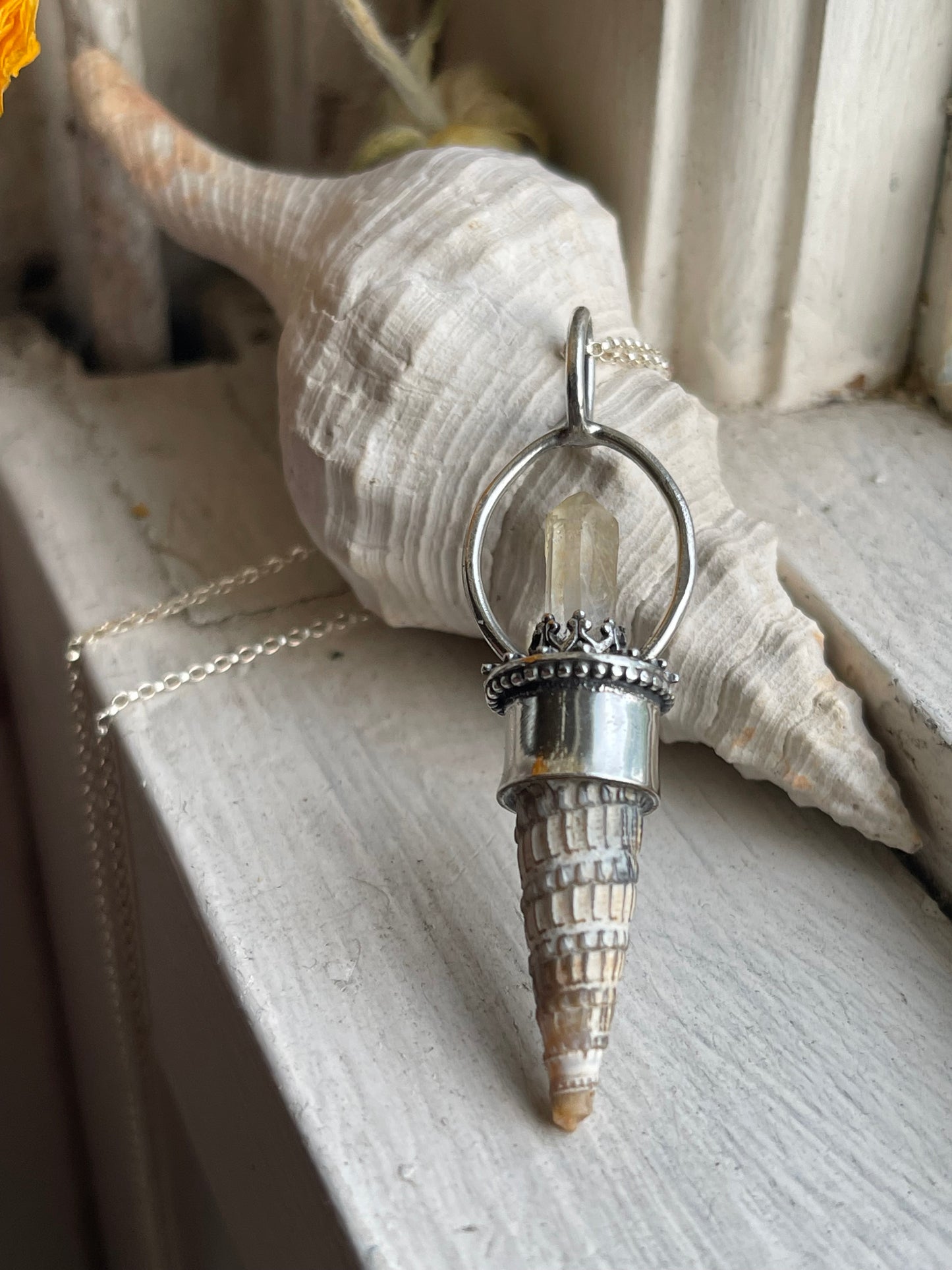 *The Sun • Crystal Cone Seashell PENDANT ONLY • Yellow Quartz • Sterling Silver