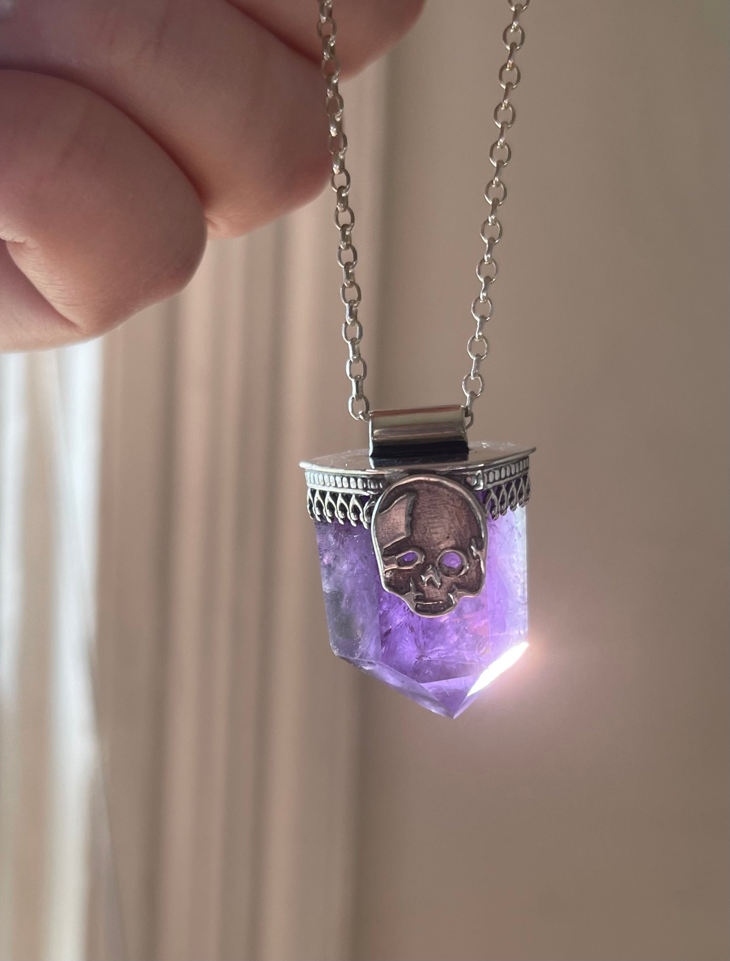 Amethyst Crystal Stamped Skull Pendant Necklace