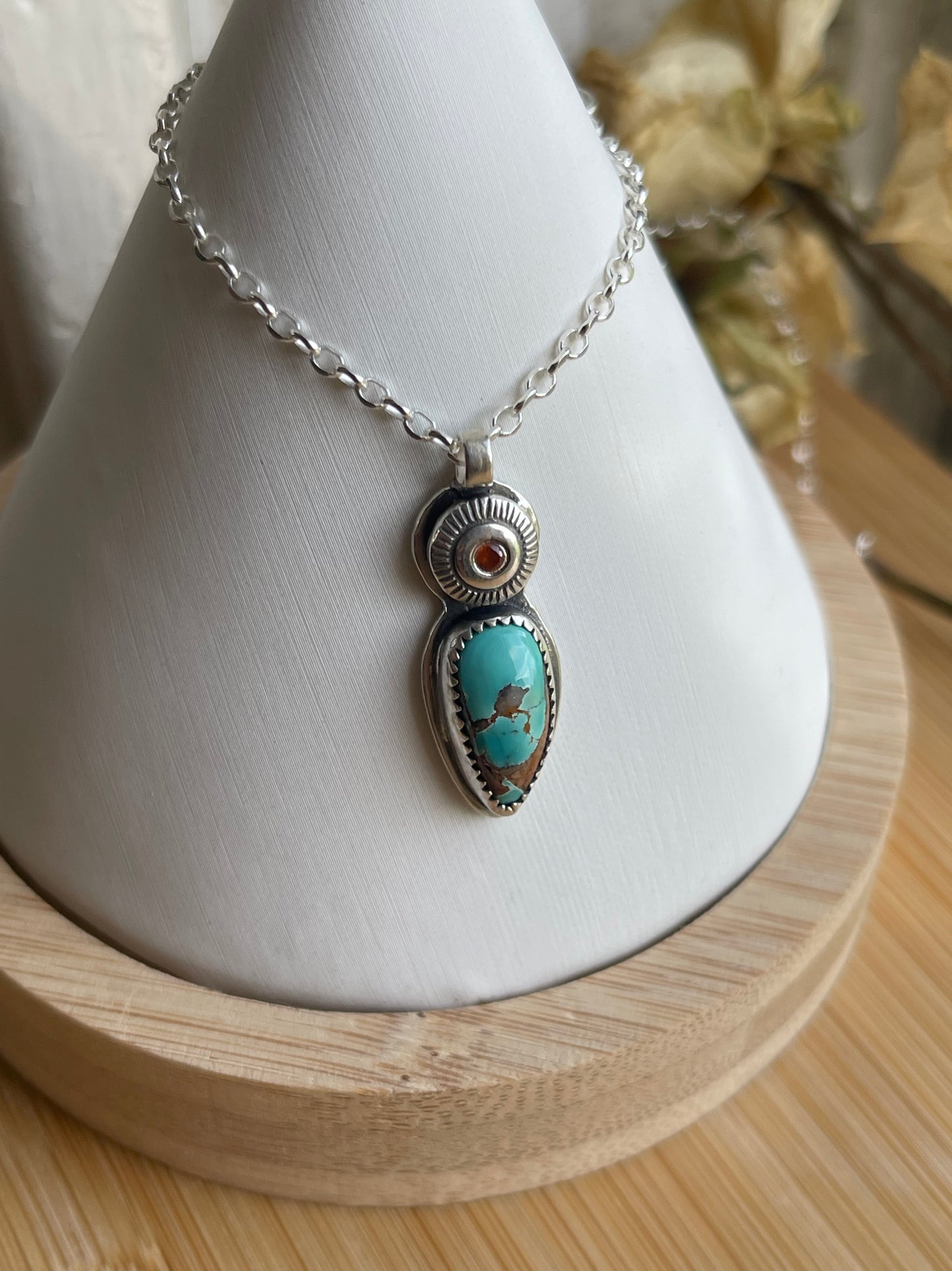 *Sailing on the Sun • Royston Turquoise & Hessonite Garnet Pendant Necklace • Fine Silver