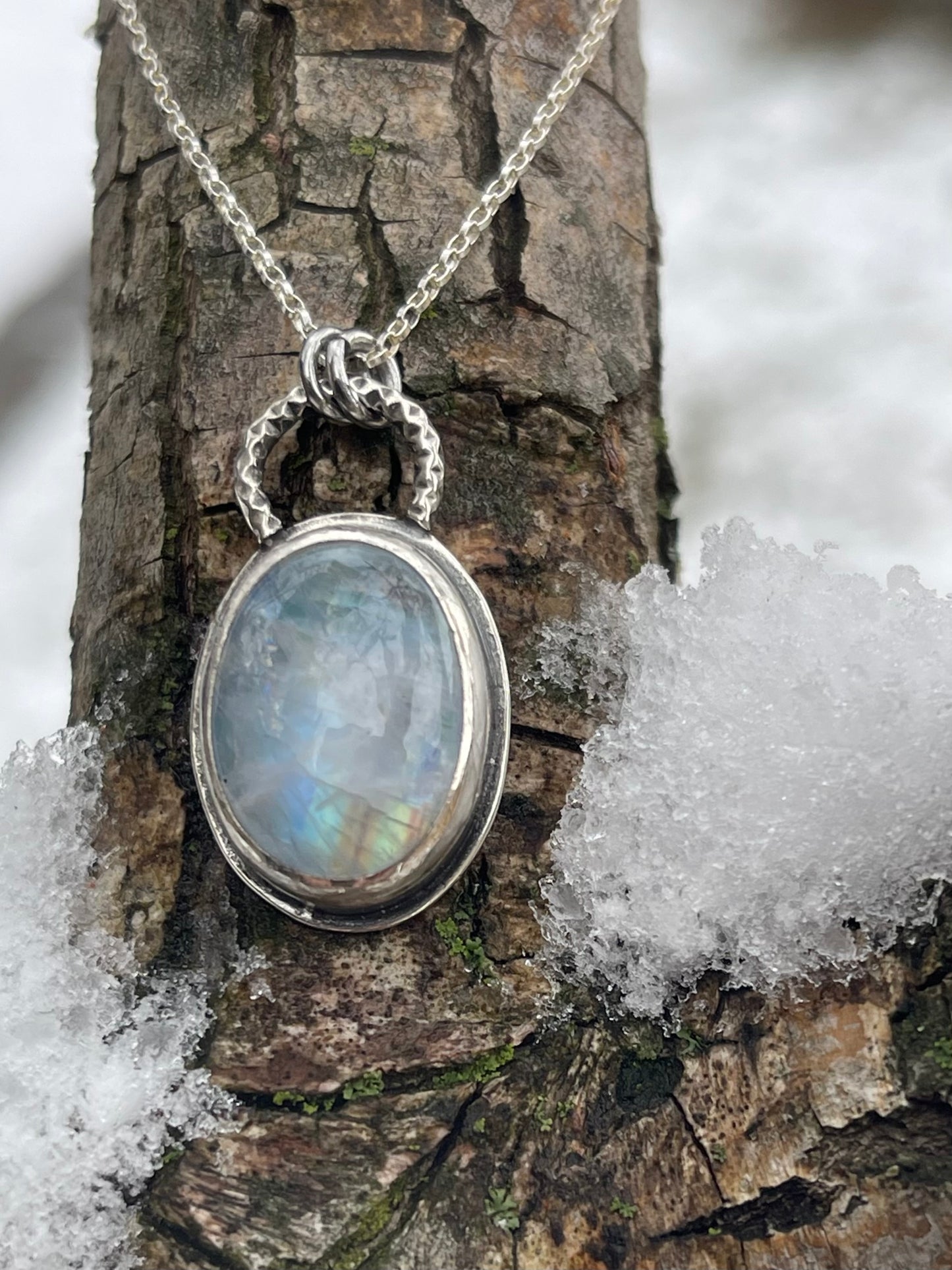*Winter Moon • Sterling Silver Rainbow Moonstone Pendant Necklace