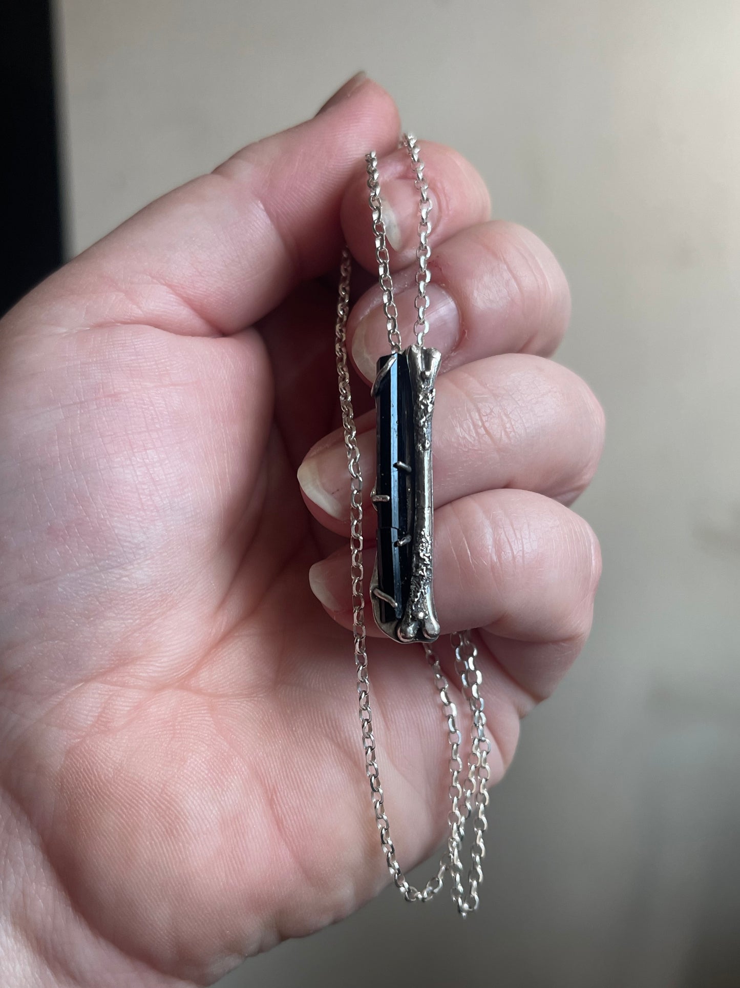 *Nevermore Broken Bone Black Tourmaline Crystal Pendant Necklace • Sterling Silver