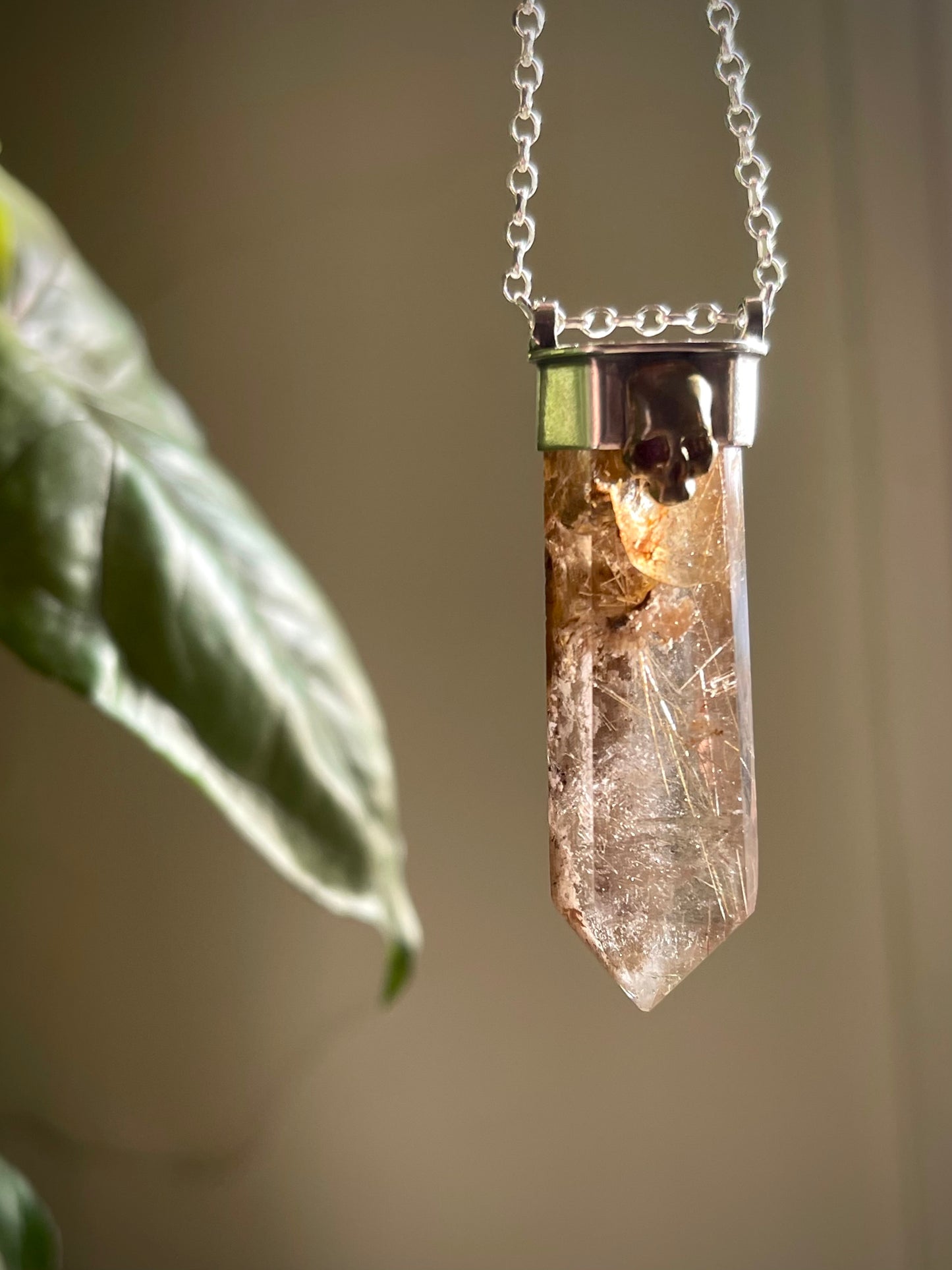 *Thinning of the Veil • Golden Rutilated Quartz Crystal Mixed Metals Skull Necklace