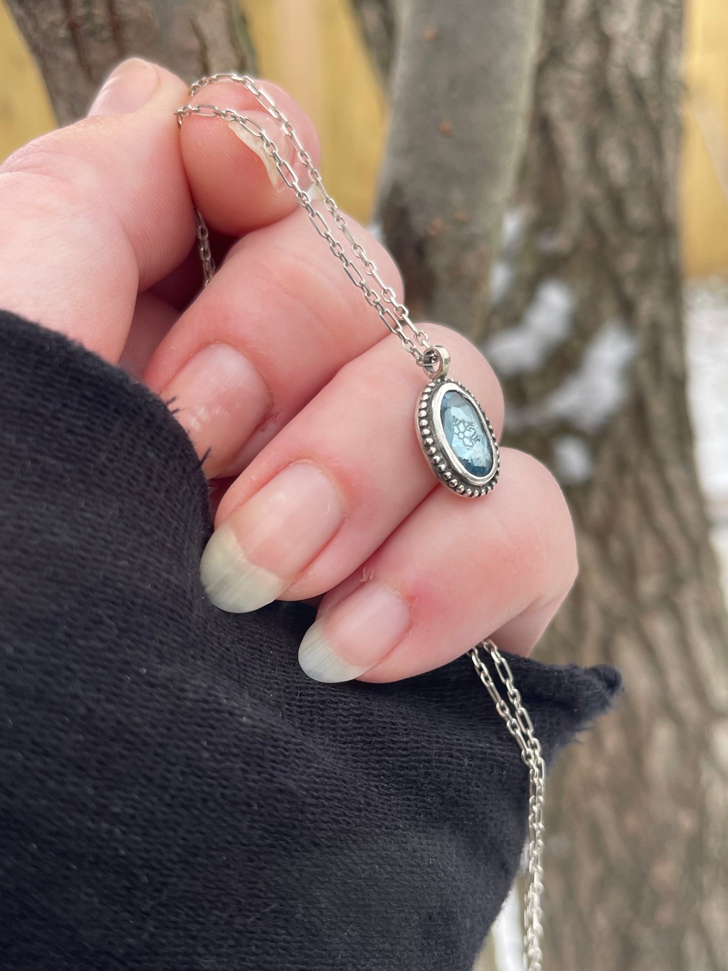 *London Blue Ice • Sterling silver stamped pendant necklace