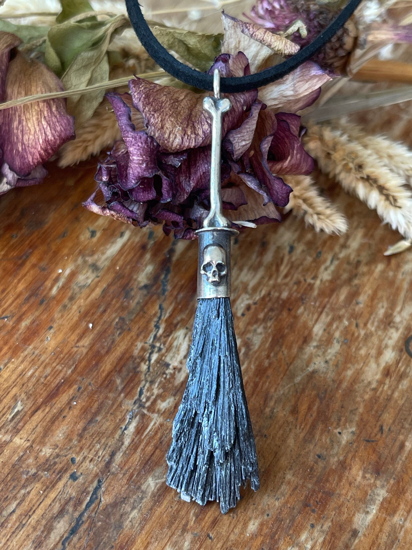 *Gothic Bone Witch Crystal Broom Pendant