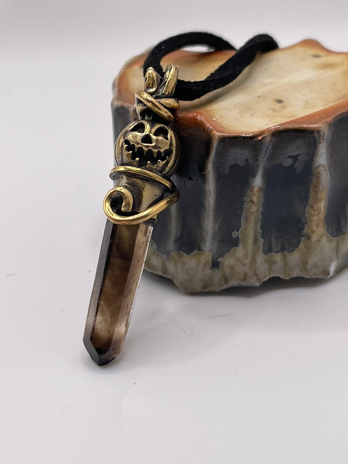 *Sleepy Hollow • Brass Jack-o-lantern Phantom Smokey Quartz Crystal Charm