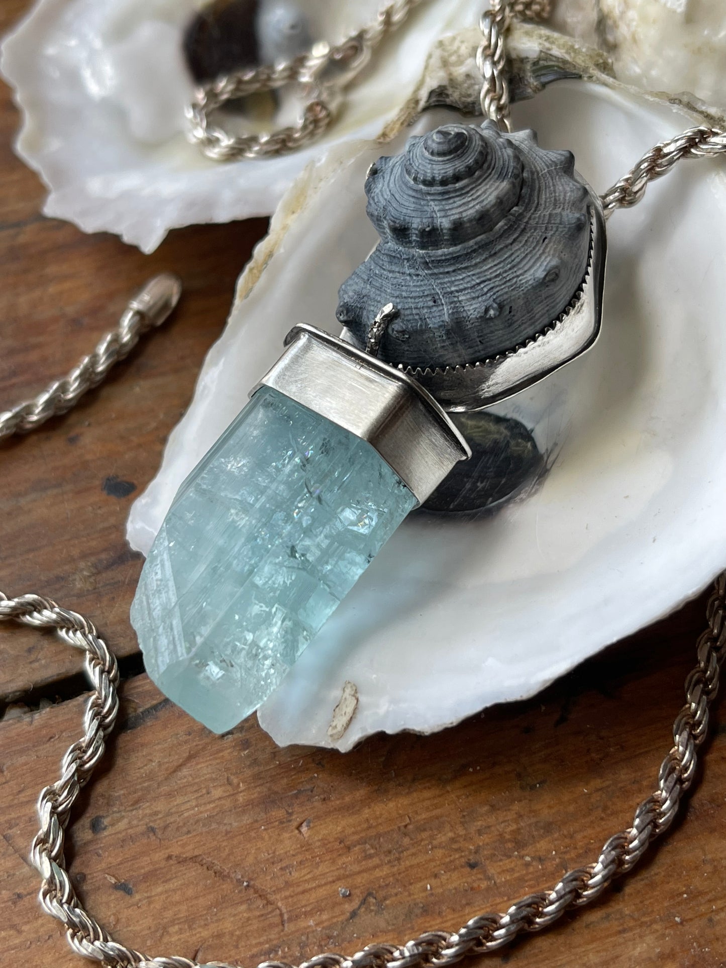*The Azure Empress • Aquamarine crystal Black Seashell PENDANT ONLY • Sterling Silver