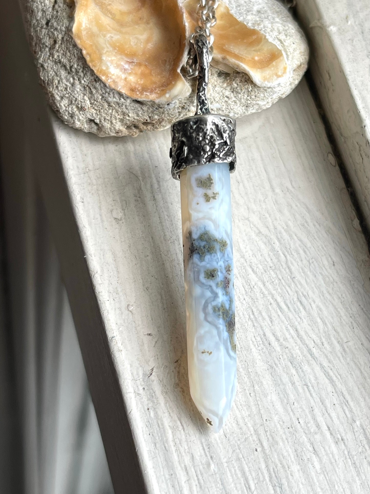 *Sea Mist • Moss Agate Crystal Pendant Necklace • Reticulated Silver