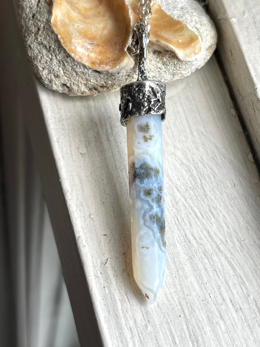 *Sea Mist • Moss Agate Crystal Pendant Necklace • Reticulated Silver