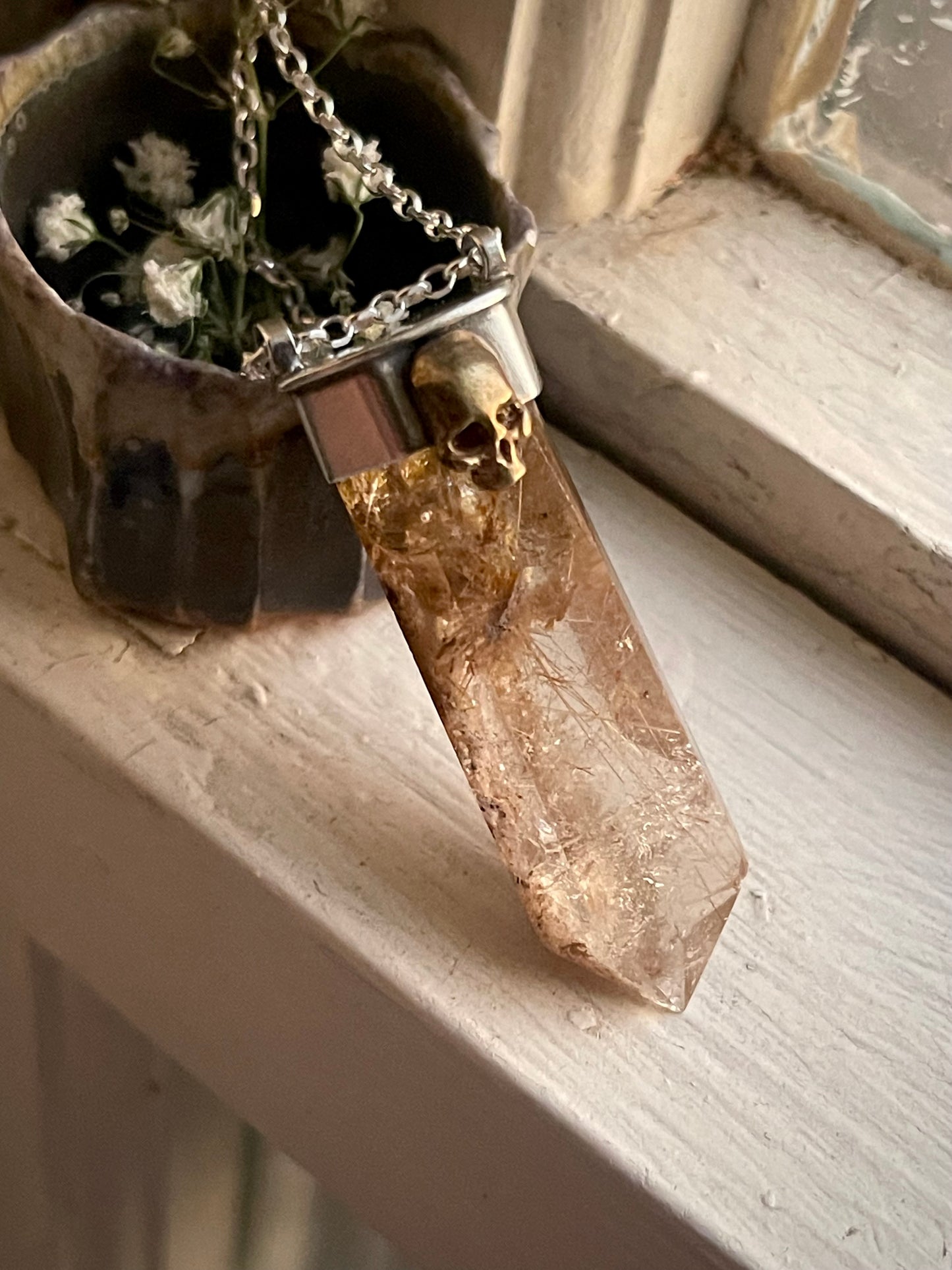 *Thinning of the Veil • Golden Rutilated Quartz Crystal Mixed Metals Skull Necklace