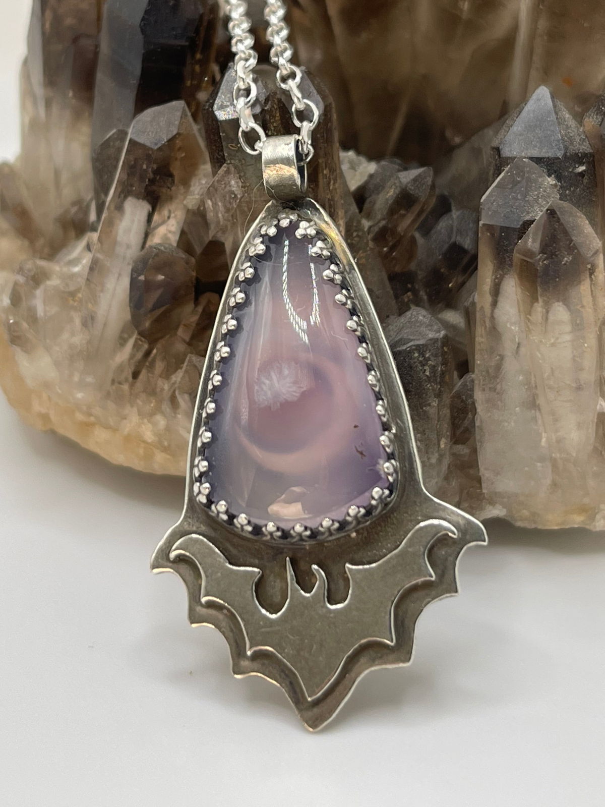 *Creature of the Night • Purple Moss Agate Sterling Silver Bat Pendant Necklace