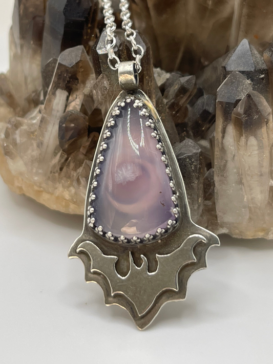 *Creature of the Night • Purple Moss Agate Sterling Silver Bat Pendant Necklace