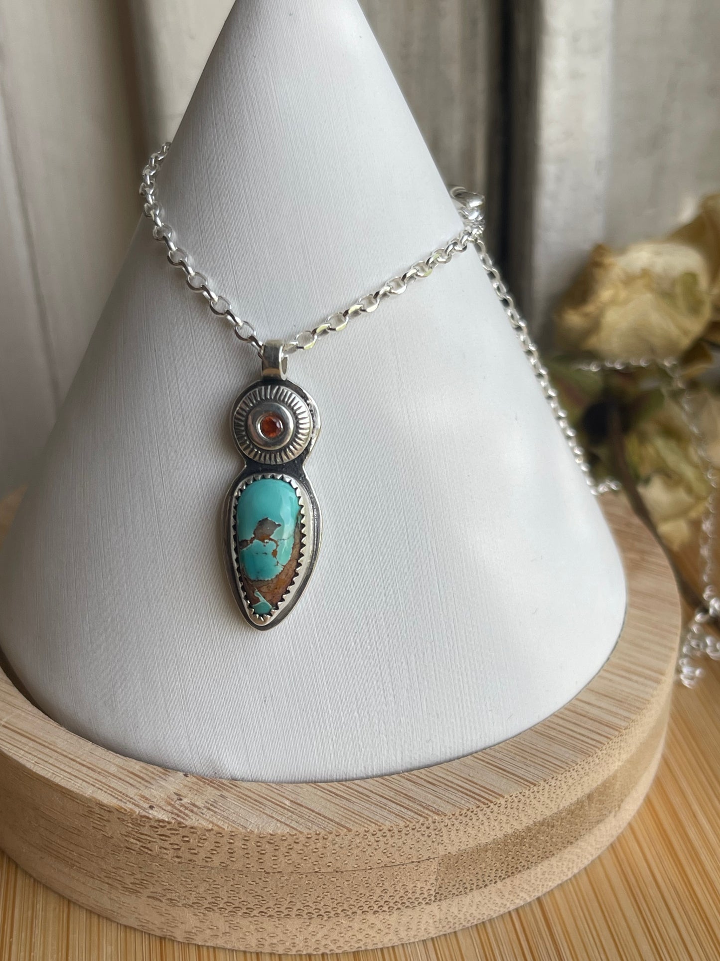 *Sailing on the Sun • Royston Turquoise & Hessonite Garnet Pendant Necklace • Fine Silver