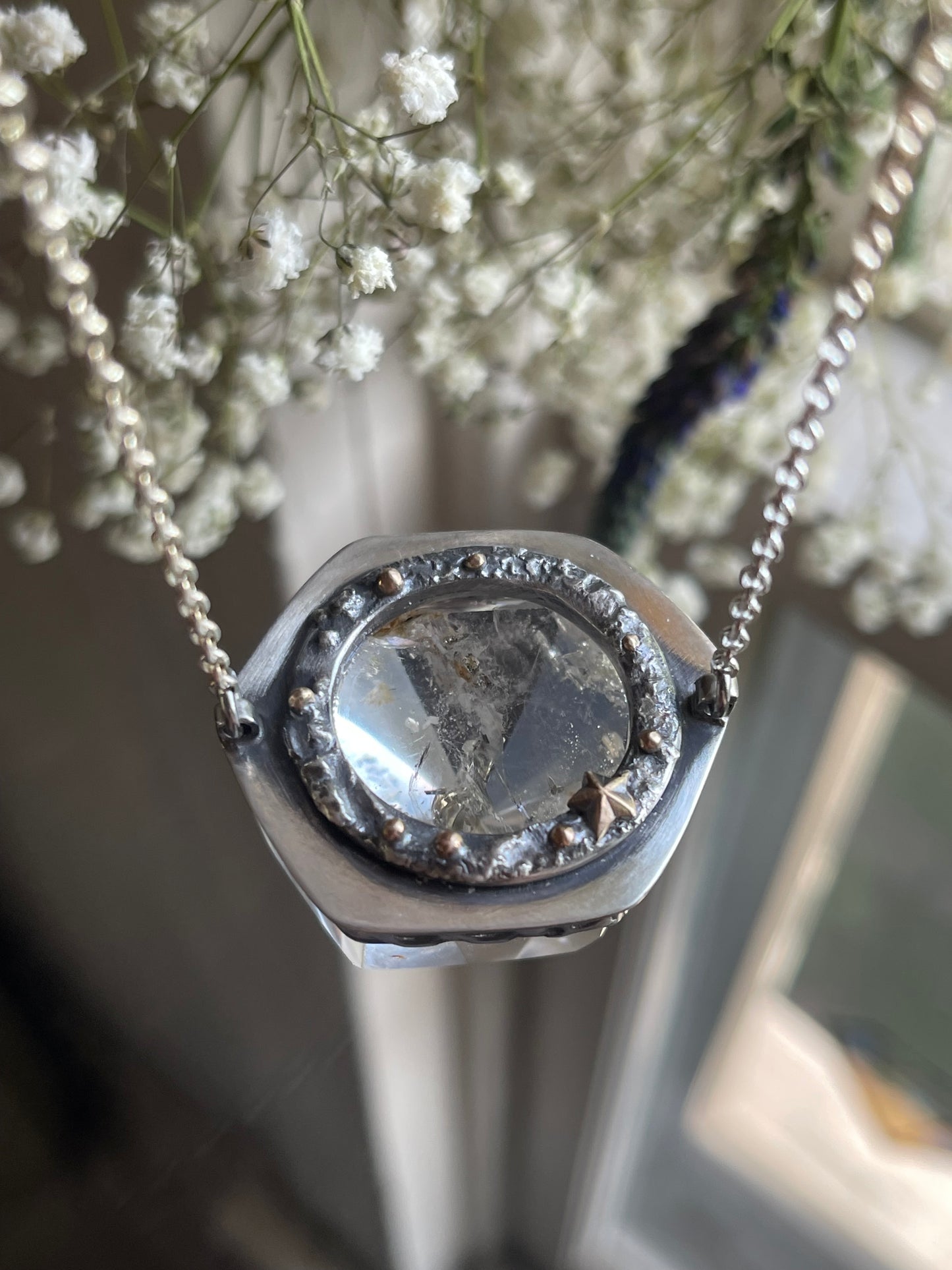 *Viking Gold • Included Quartz Kaleidoscope Statement Crystal Necklace • Sterling Silver & 14K Gold