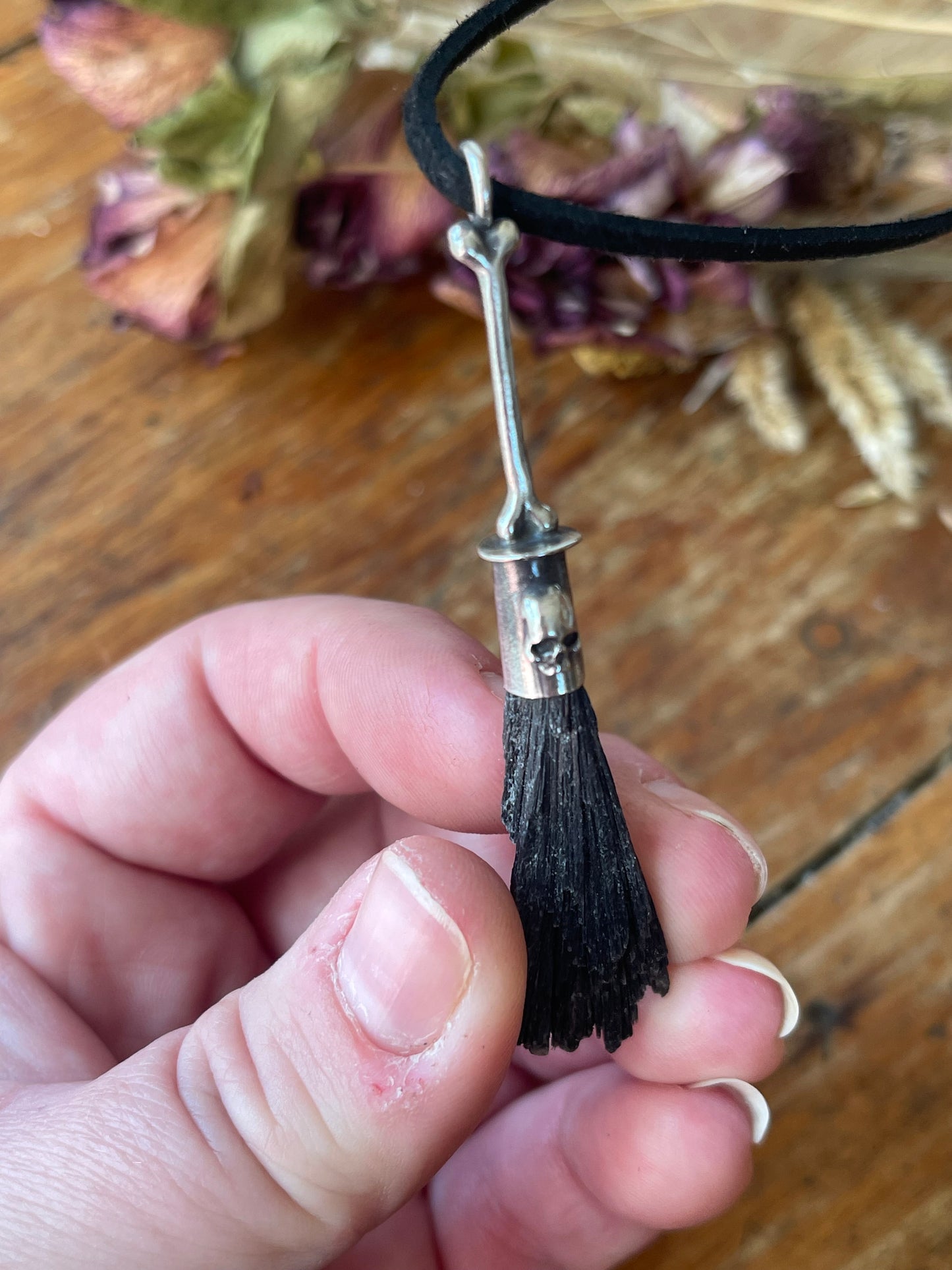 *Gothic Bone Witch Crystal Broom Pendant