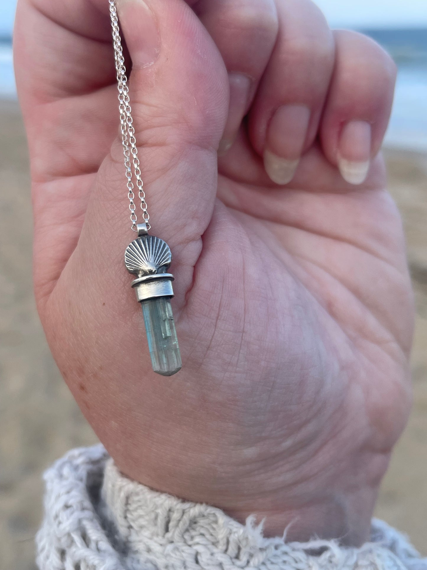 Sea Spray • Blue Watermelon Tourmaline Crystal Sea Charm Necklace