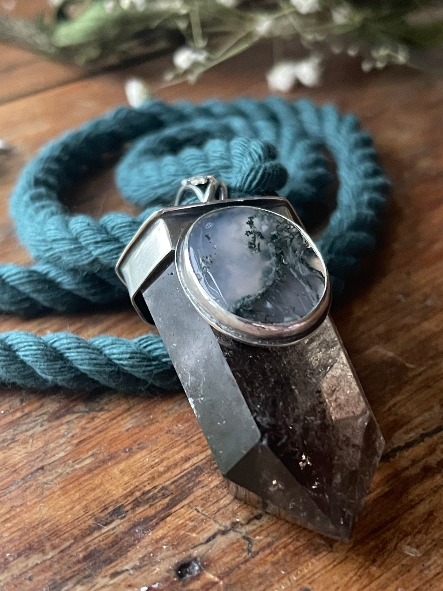 *Climbing Ivy Crystal Statement Necklace • Smokey Quartz & Moss Agate • Sterling Silver